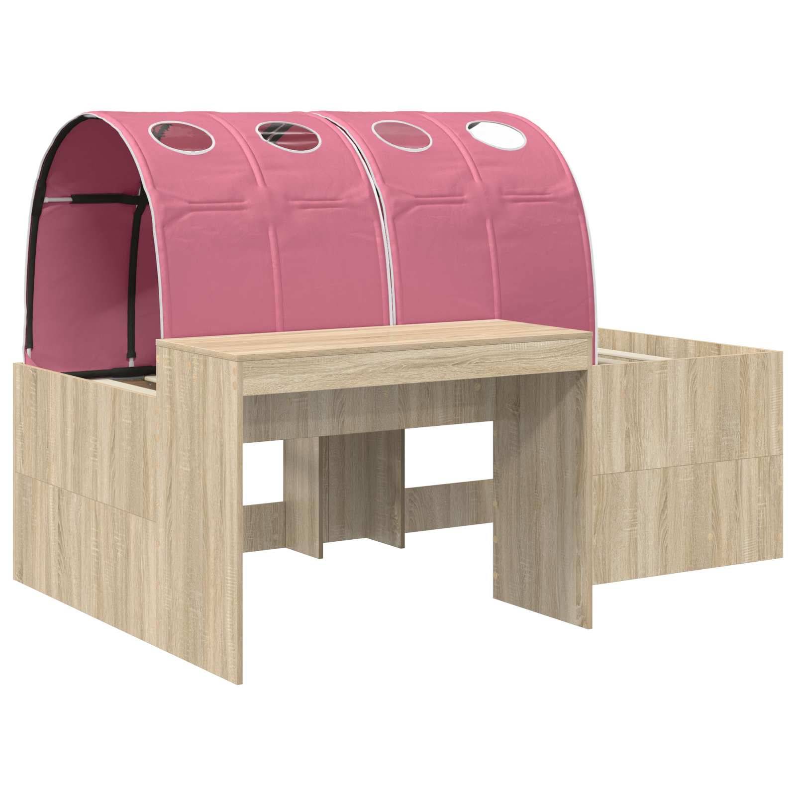 Holzspielhaus für drinnen mit rosa gewölbtem Tunneldach und Vorderöffnung, ausgestattet mit seitlichen Abschlussplatten und einer zentralen Eintrittsplattform in Tischform.