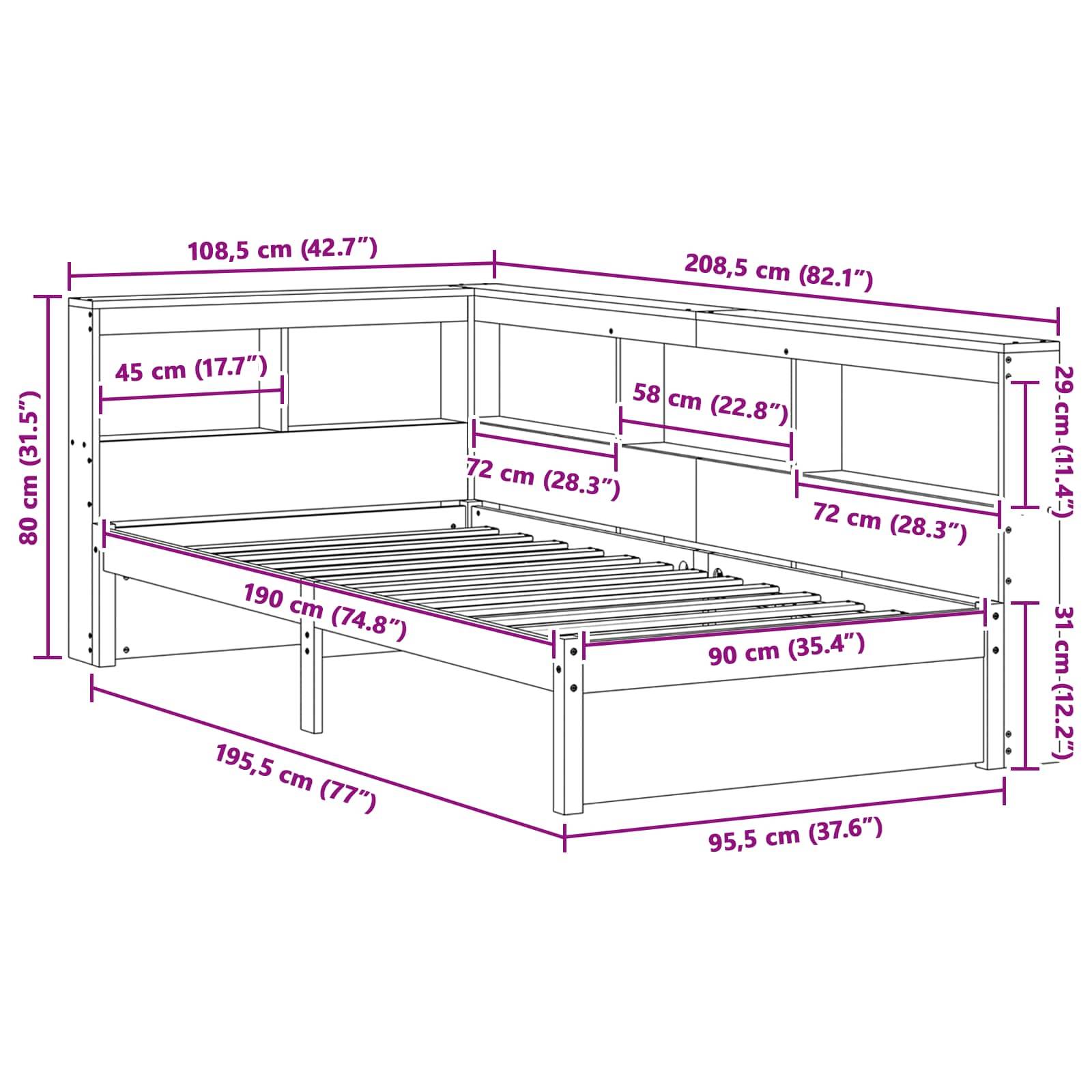 vidaXL Bücherregal-Bett mit Kopfteil mit Speicher Massivholz Kiefer