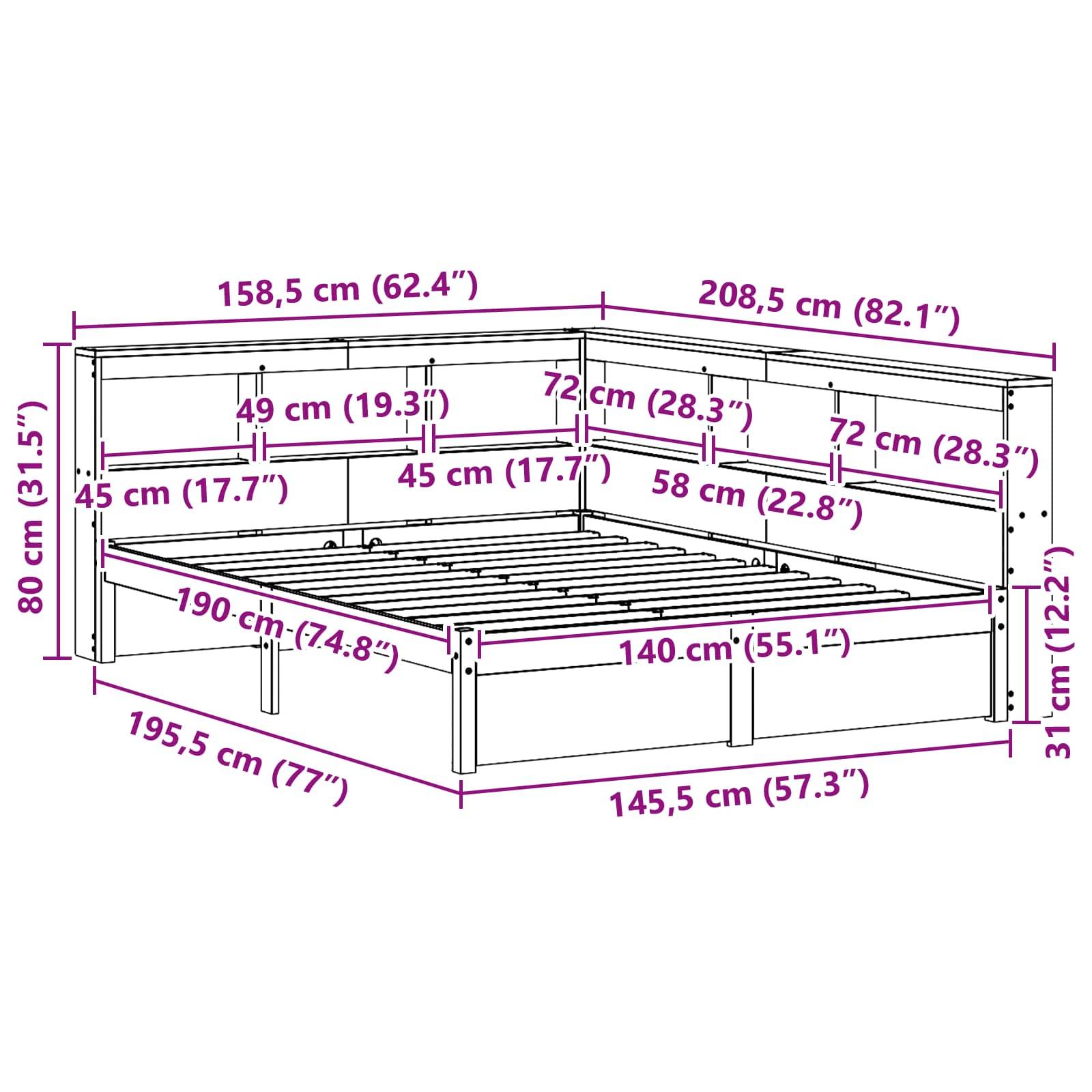 vidaXL Bücherregal-Bett mit Kopfteil mit Speicher Massivholz Kiefer