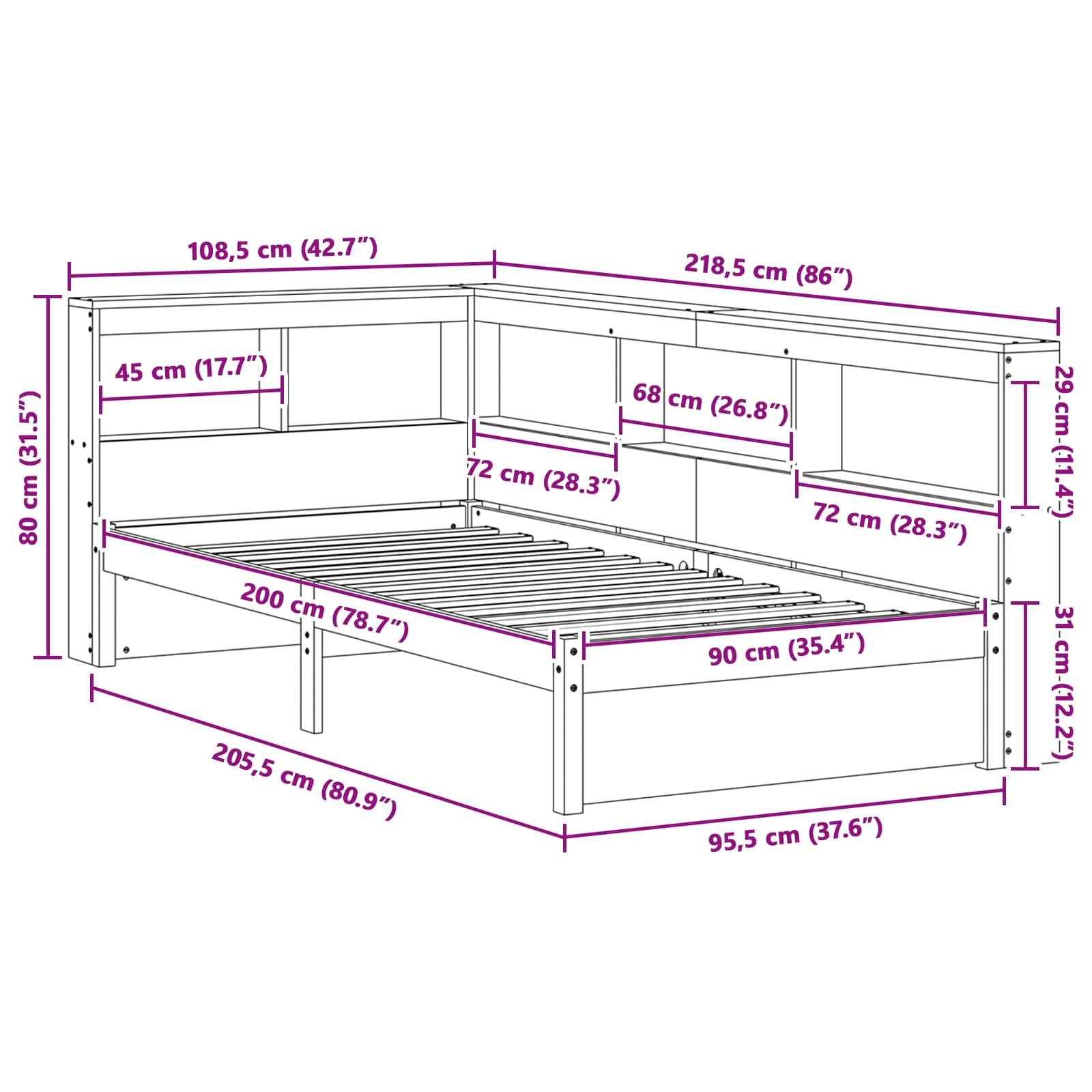 vidaXL Bücherregal-Bett mit Kopfteil mit Speicher Massivholz Kiefer