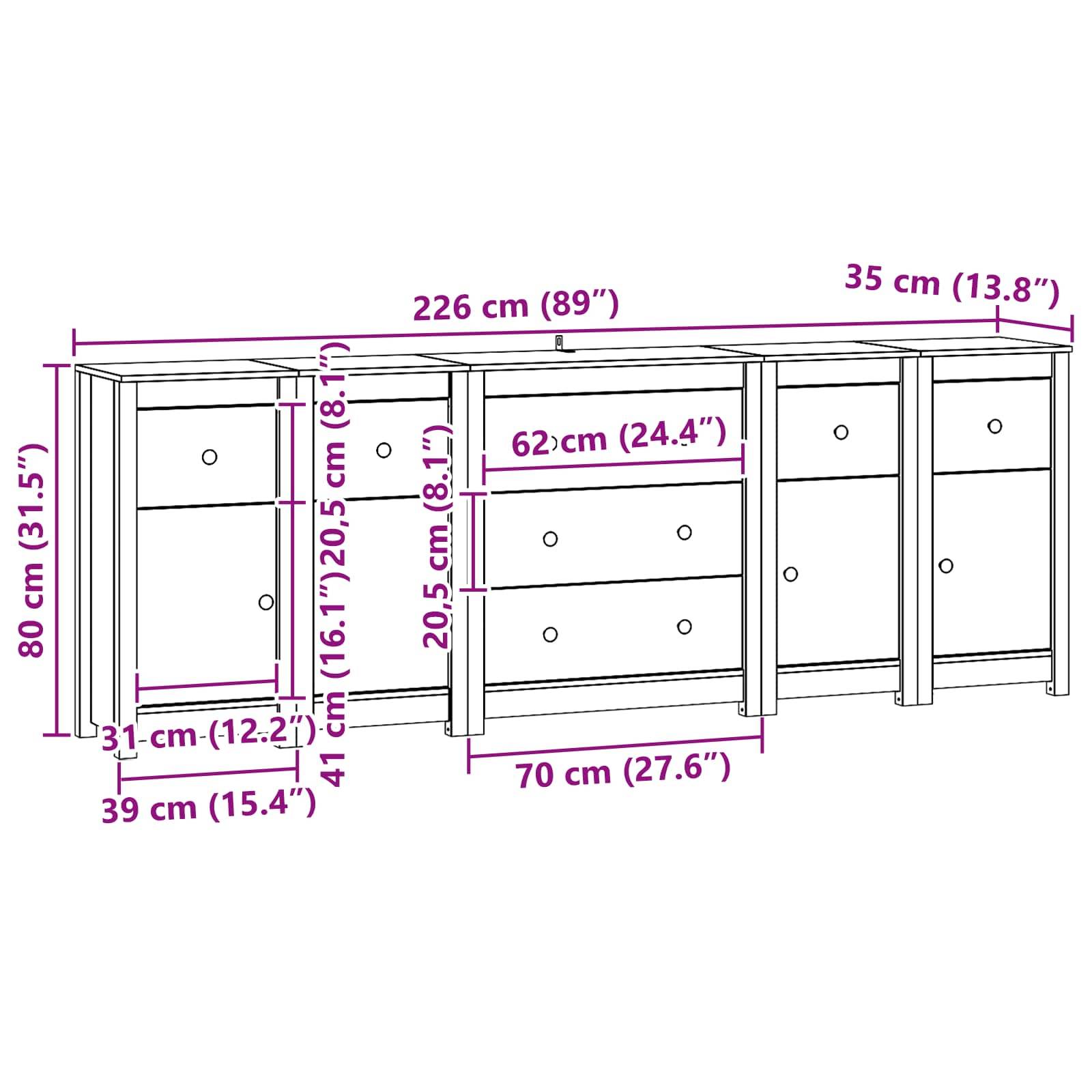 vidaXL Sideboard mit Schubladen 5 pcs Wachsbraun Massives Kiefernholz