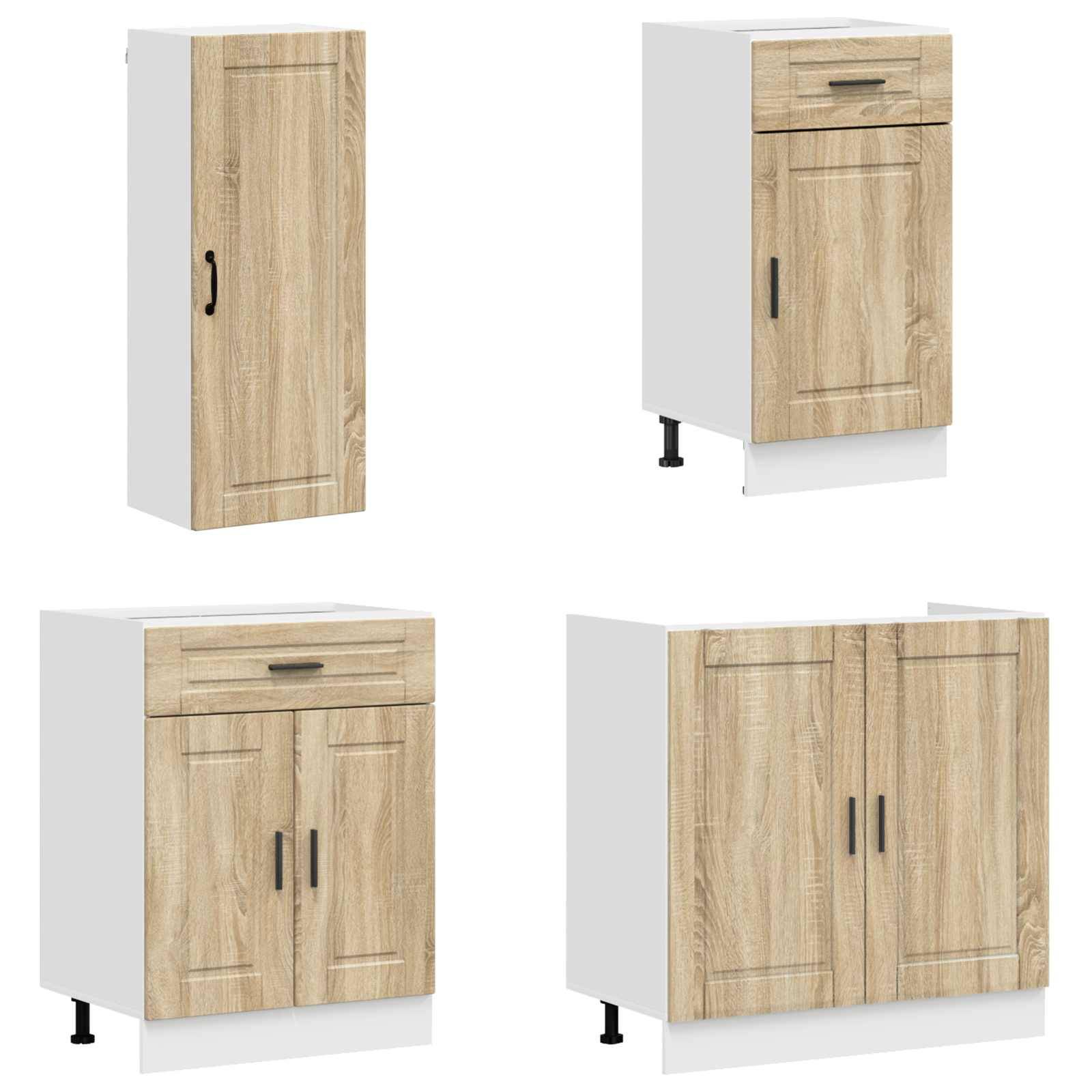 Vier Ansichten einer Küchenschrankeinheit aus hellem Holz: hoher Einzeltürschrank, kleiner Schublade-und-Tür-Schrank, Unterschrank mit zwei Türen und Schublade, und breiterer Doppeltürschrank.