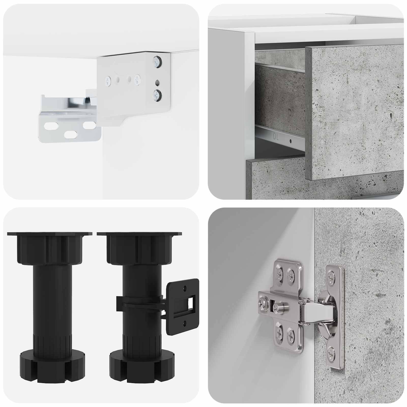 Vier Ansichten von verborgenem Schrankhardware: verstellbare Scharniere, Montageklammern und Stützklammern für eine versteckte Tür oder Schubladenpaneel.