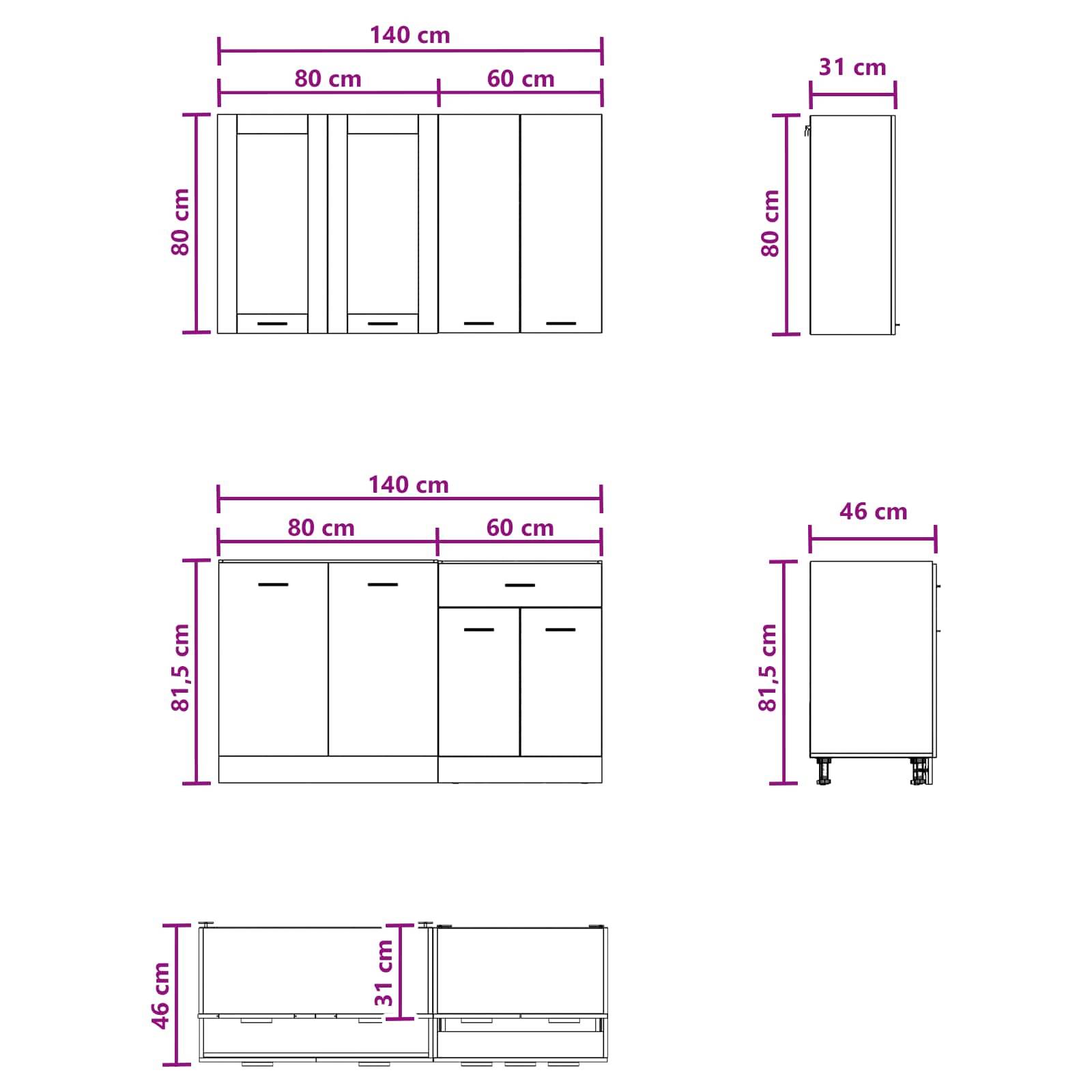 Technisches Schrank-Dimensionsdiagramm mit Front-, Seiten- und Unteransicht einer 140 cm breiten Einheit mit Höhen von 80 cm und 81,5 cm sowie Tiefen von 31 cm und 46 cm.