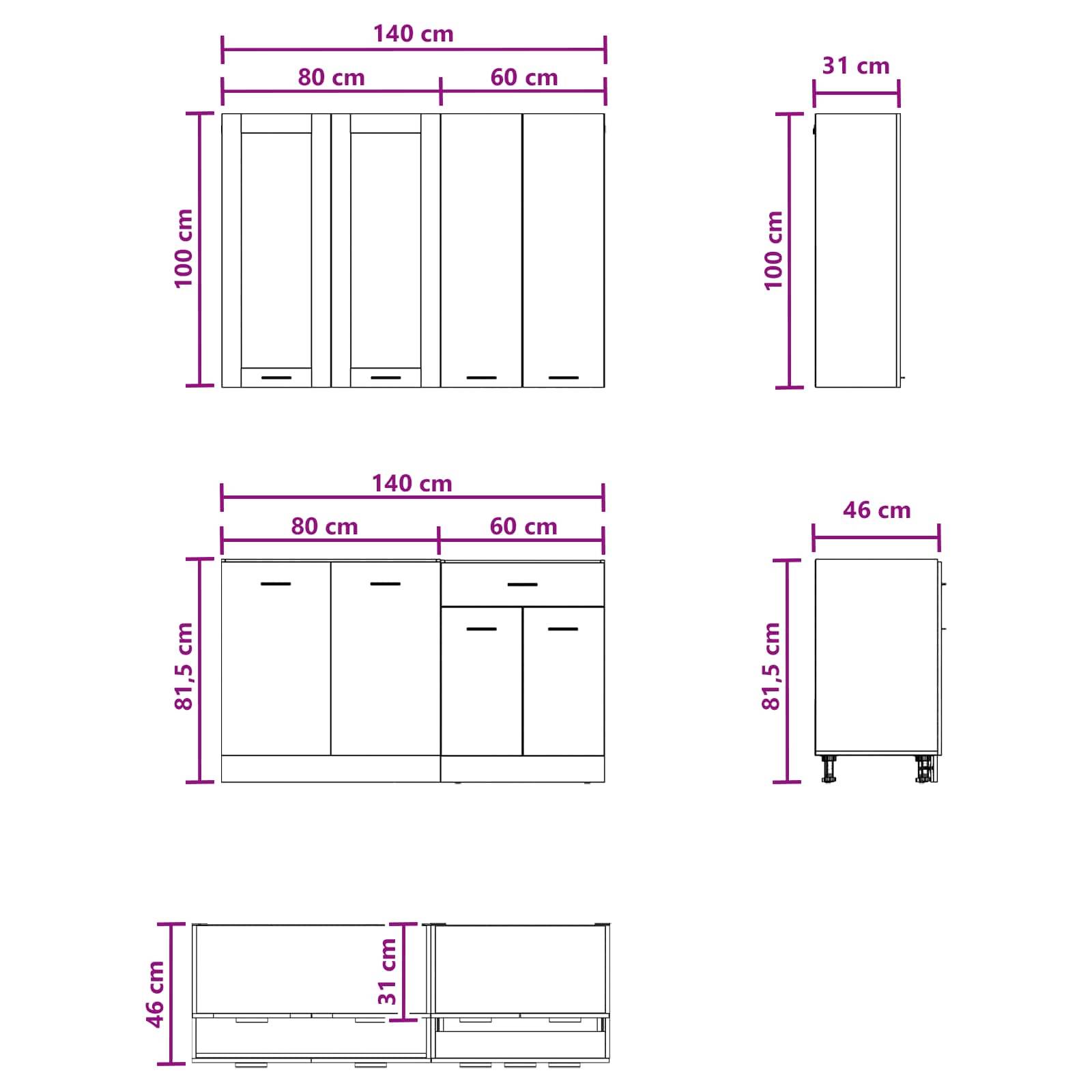 Maßstabgezeichnete Schrankdiagramme, die eine 140 cm breite, 100 cm hohe Einheit und eine 140 cm breite, 81,5 cm hohe Einheit mit Seitentiefen von 31 cm und 46 cm zeigen.