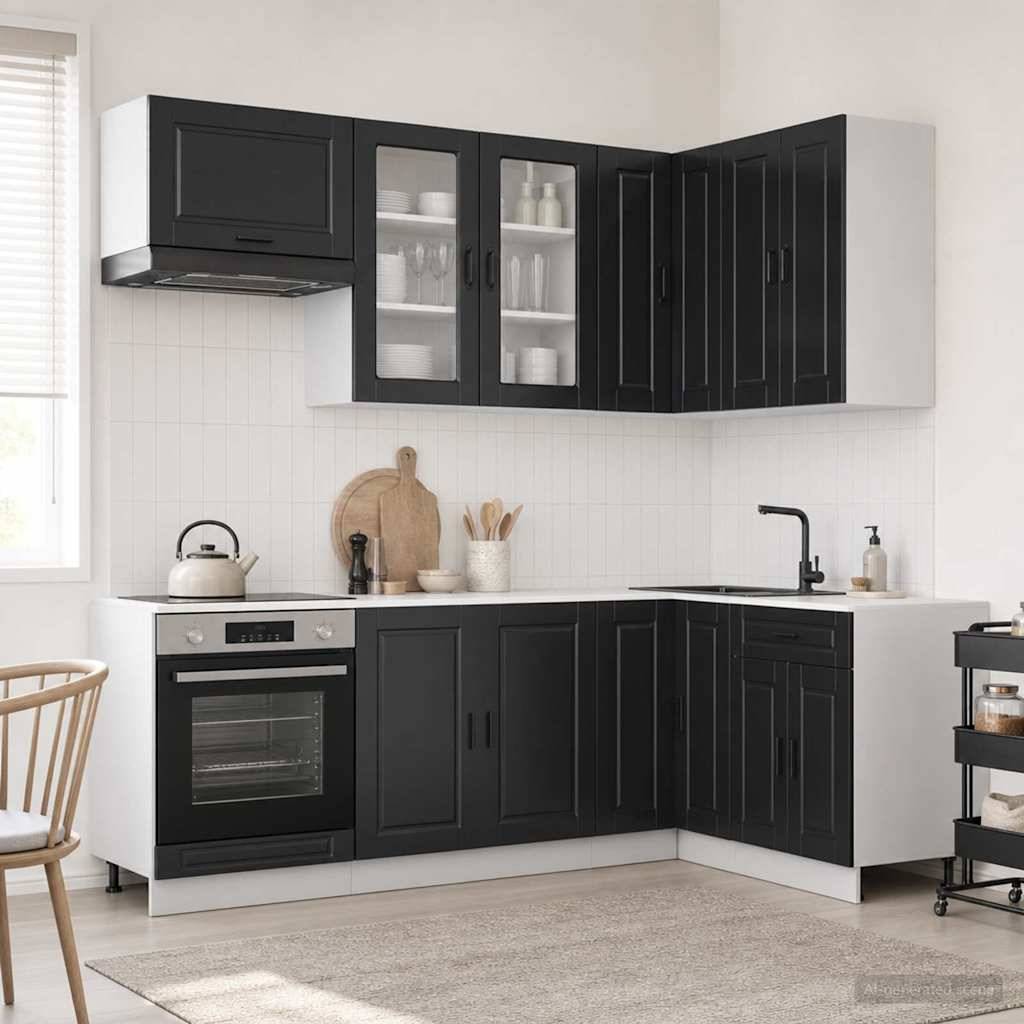 vidaXL Kücheneinheit PORTO 8 pcs Schwarz Holzwerkstoff