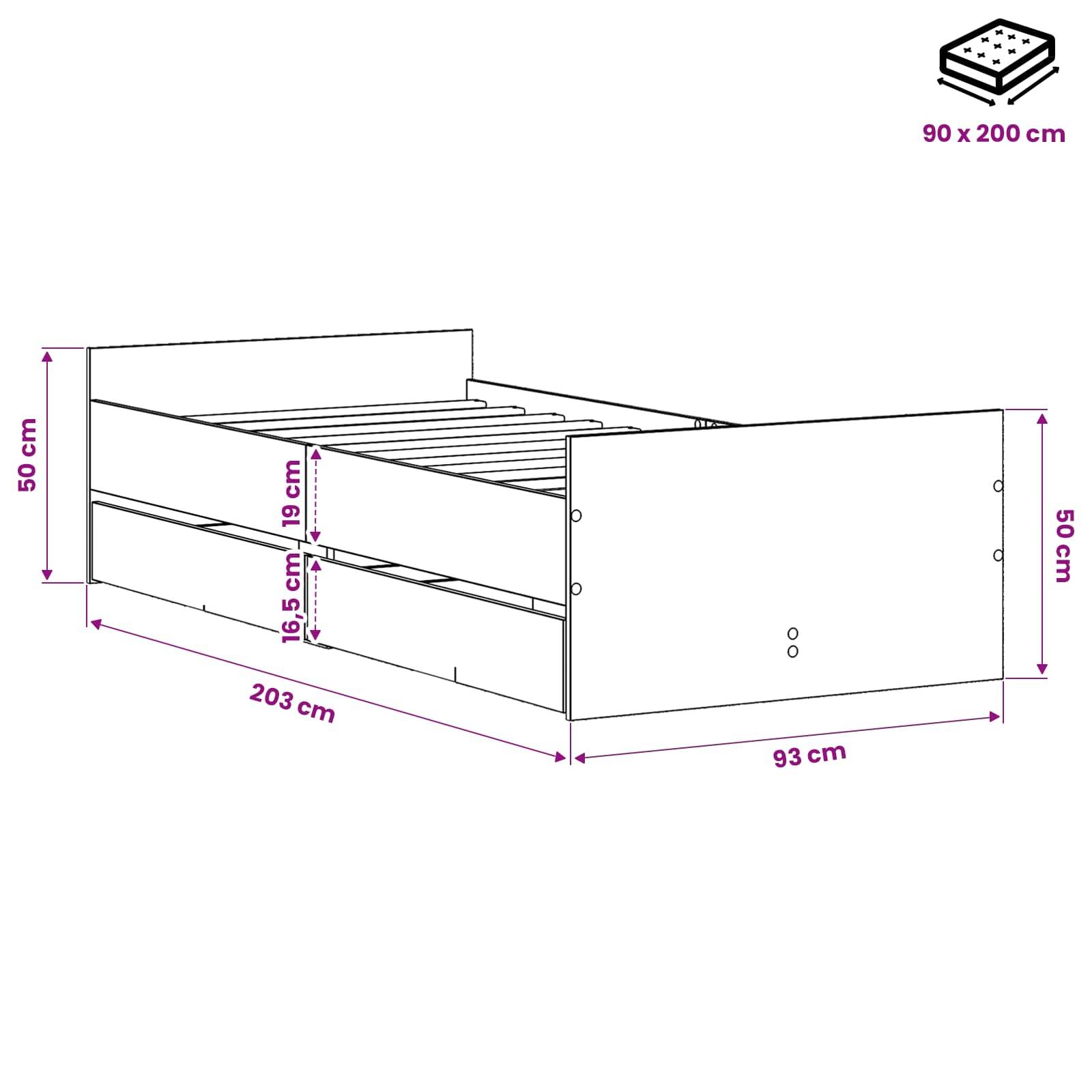 Diagramm eines Einzelbettgestells mit Abmessungen: 203 cm lang, 93 cm breit und 50 cm hoch; passt zu einer 90 x 200 cm Matratze.