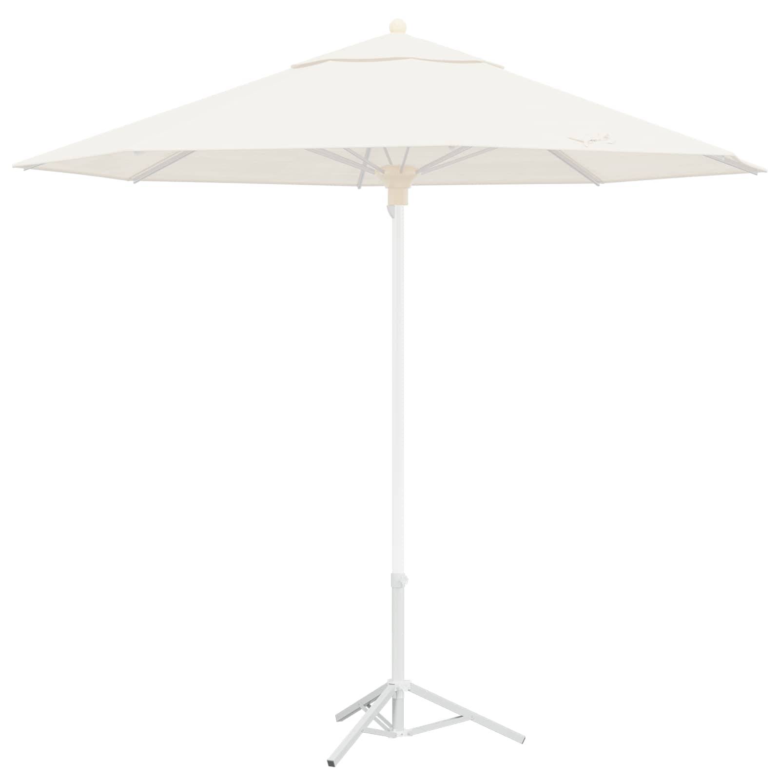 Weißer Outdoor-Terrassenschirm mit zentralem Mast und kreuzförmigem Sockel auf neutralem Hintergrund.