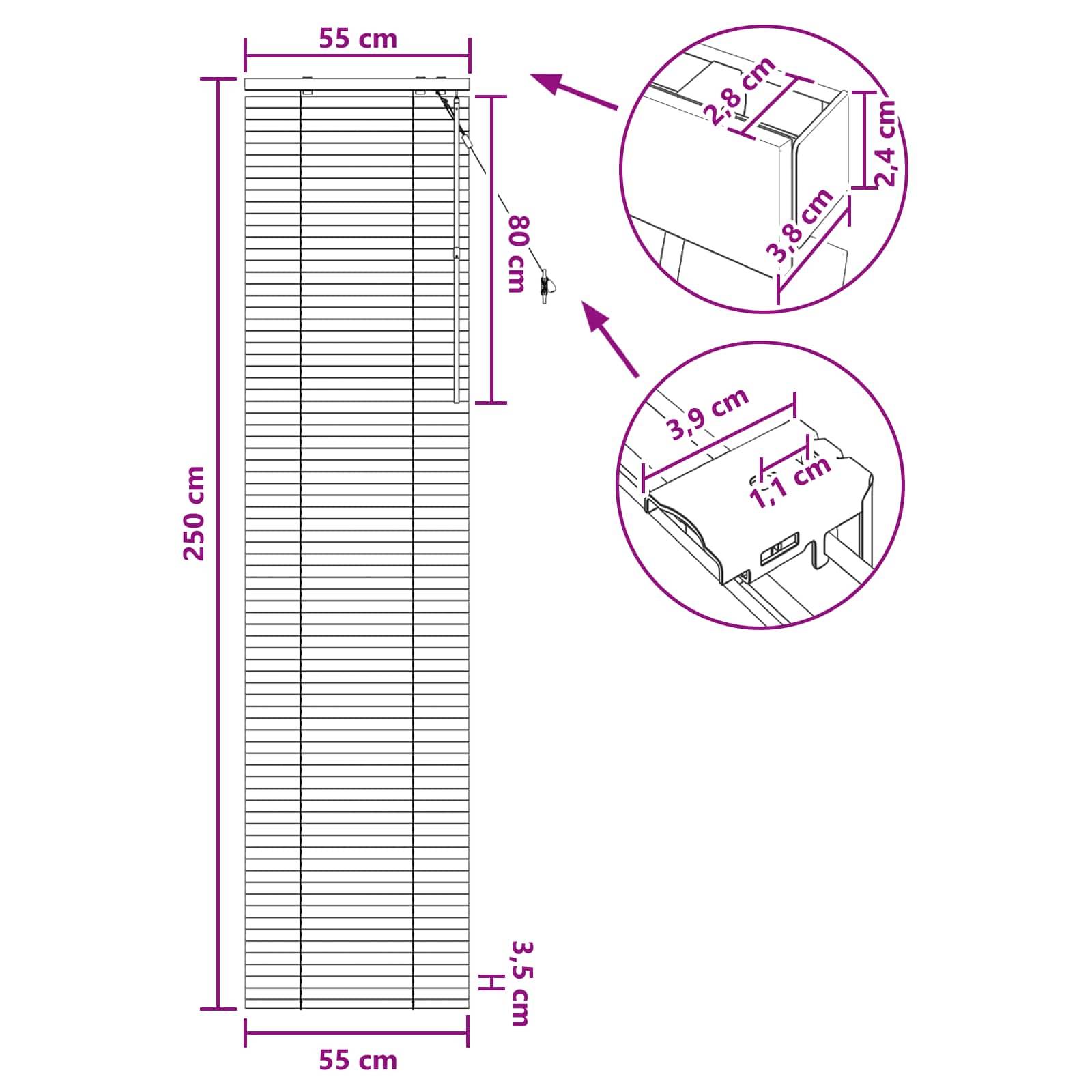 vidaXL Jalousie Schwarz 55 x 250 cm 35 mm Massives Paulowniaholz