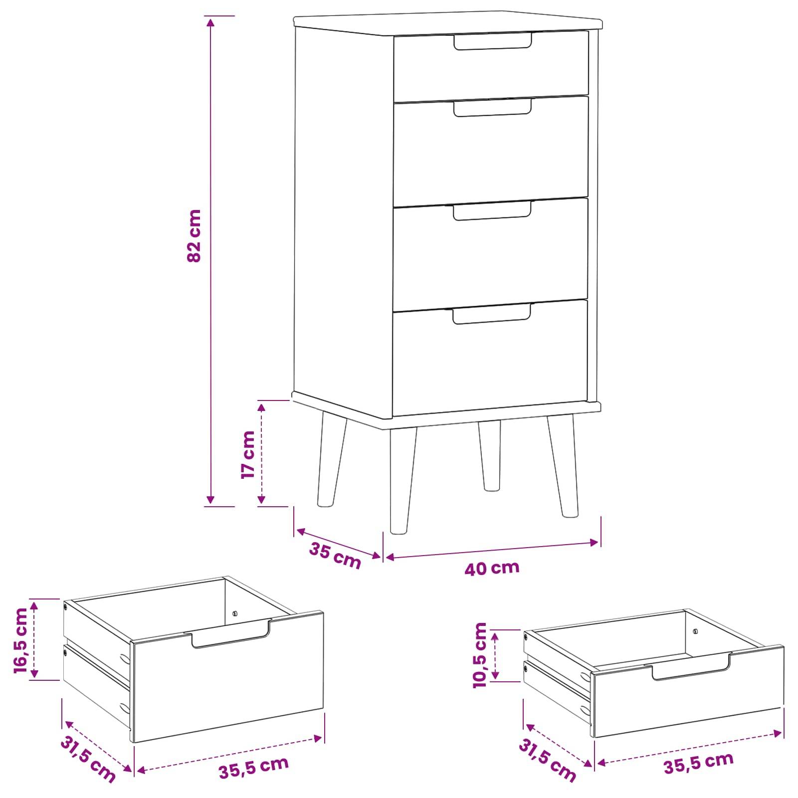 vidaXL Kommode MOLDE Schwarz 40 x 35 x 82 cm Massives Kiefernholz