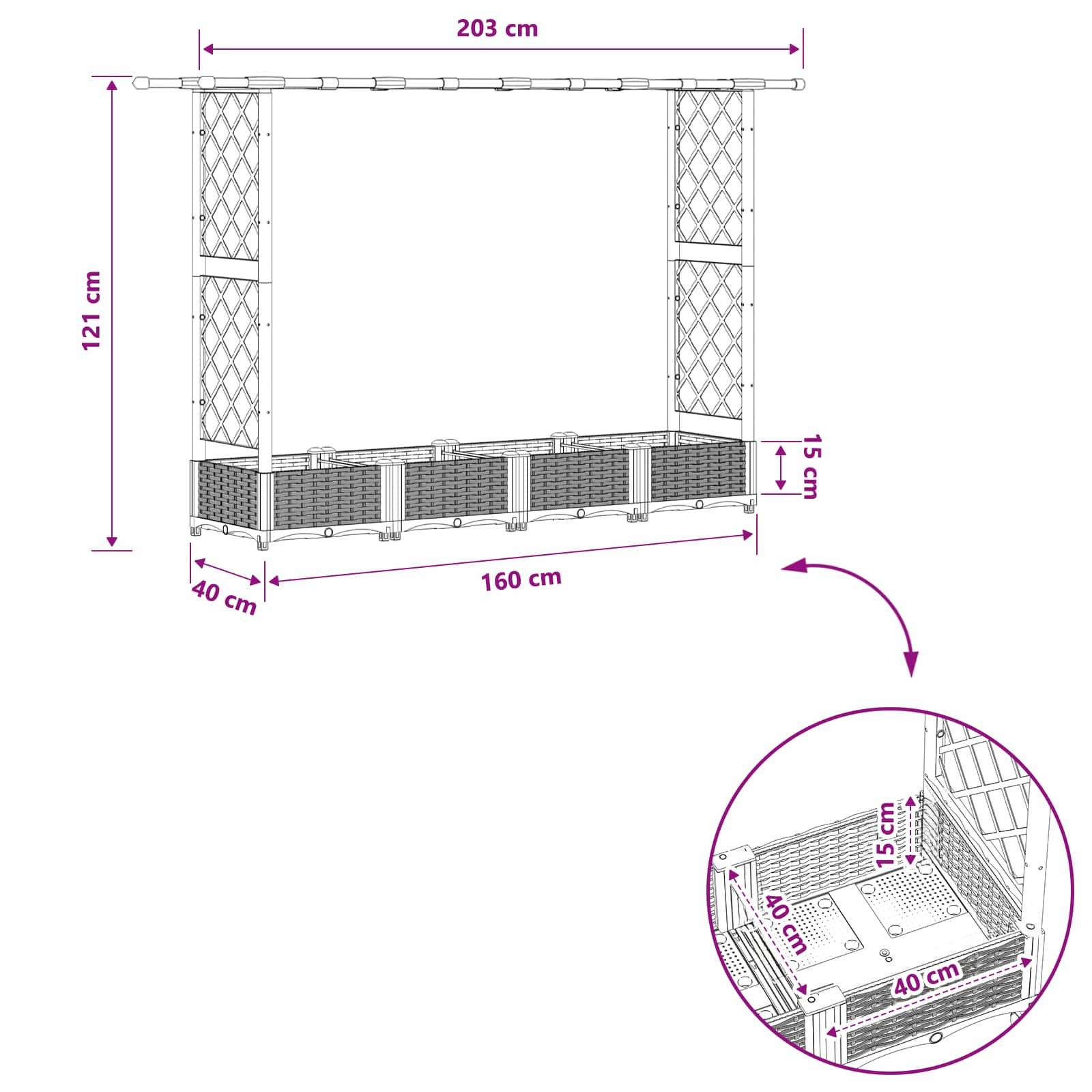 vidaXL Hochbeet mit Rankgitter und Dach Hellgrau 203 x 40 x 121 cm PP