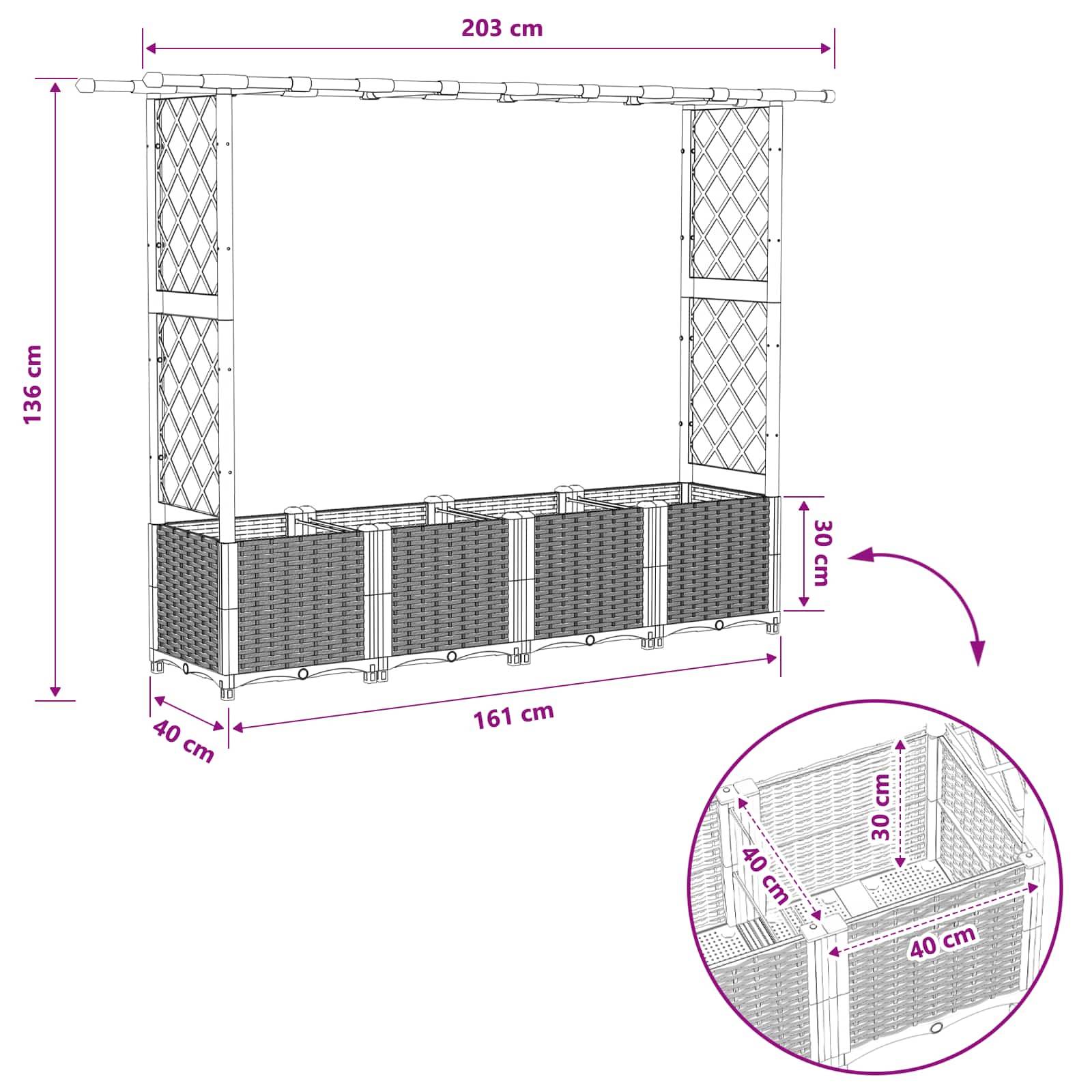 vidaXL Hochbeet mit Rankgitter und Dach Hellgrau 203 x 40 x 136 cm PP