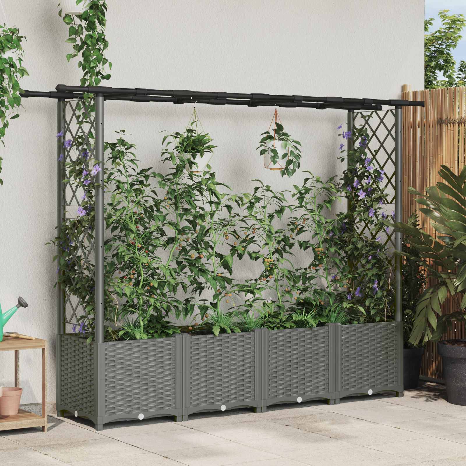 vidaXL Hochbeet mit Rankgitter und Dach Hellgrau 203 x 40 x 136 cm PP