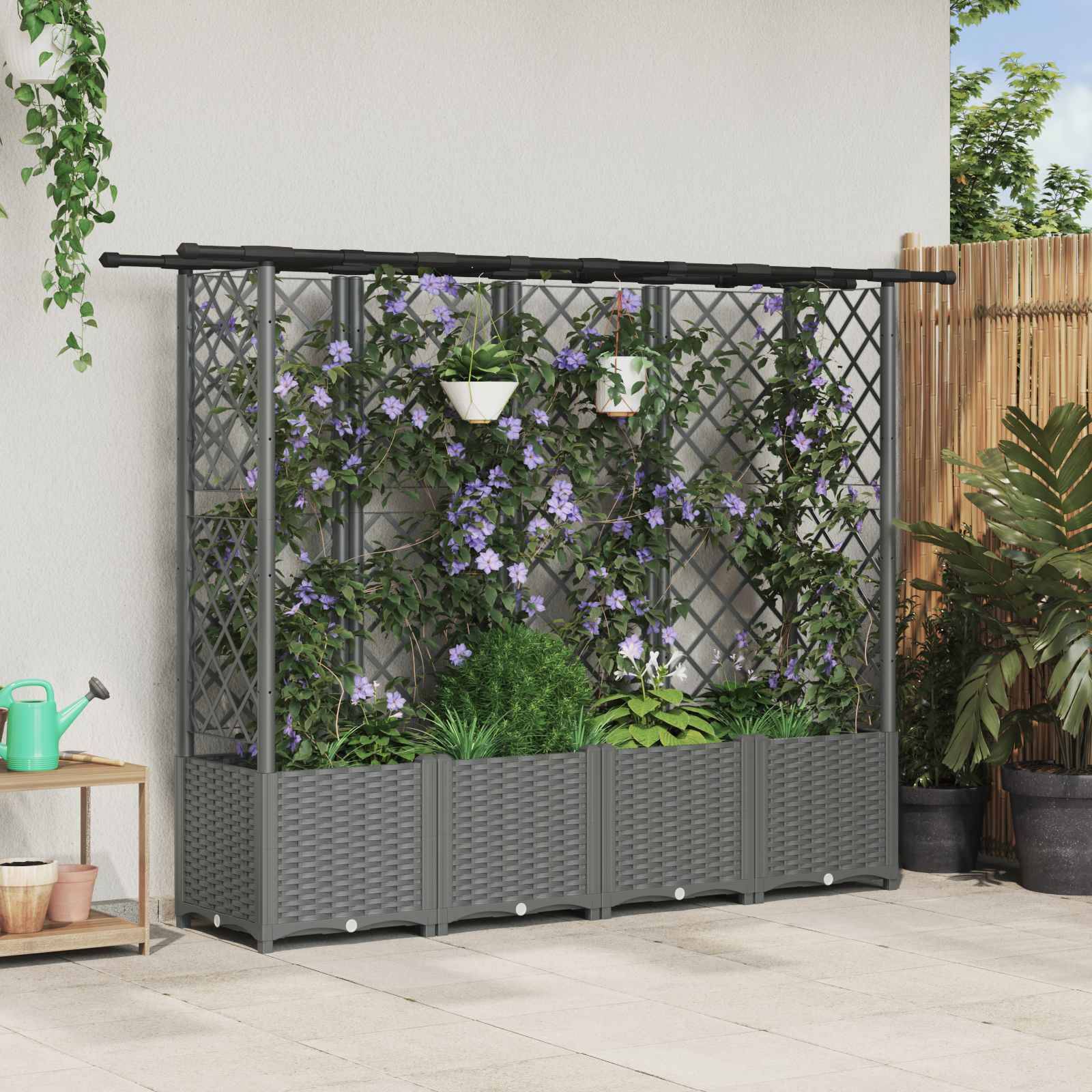 vidaXL Hochbeet mit Rankgitter und Dach Hellgrau 202 x 40 x 136 cm PP