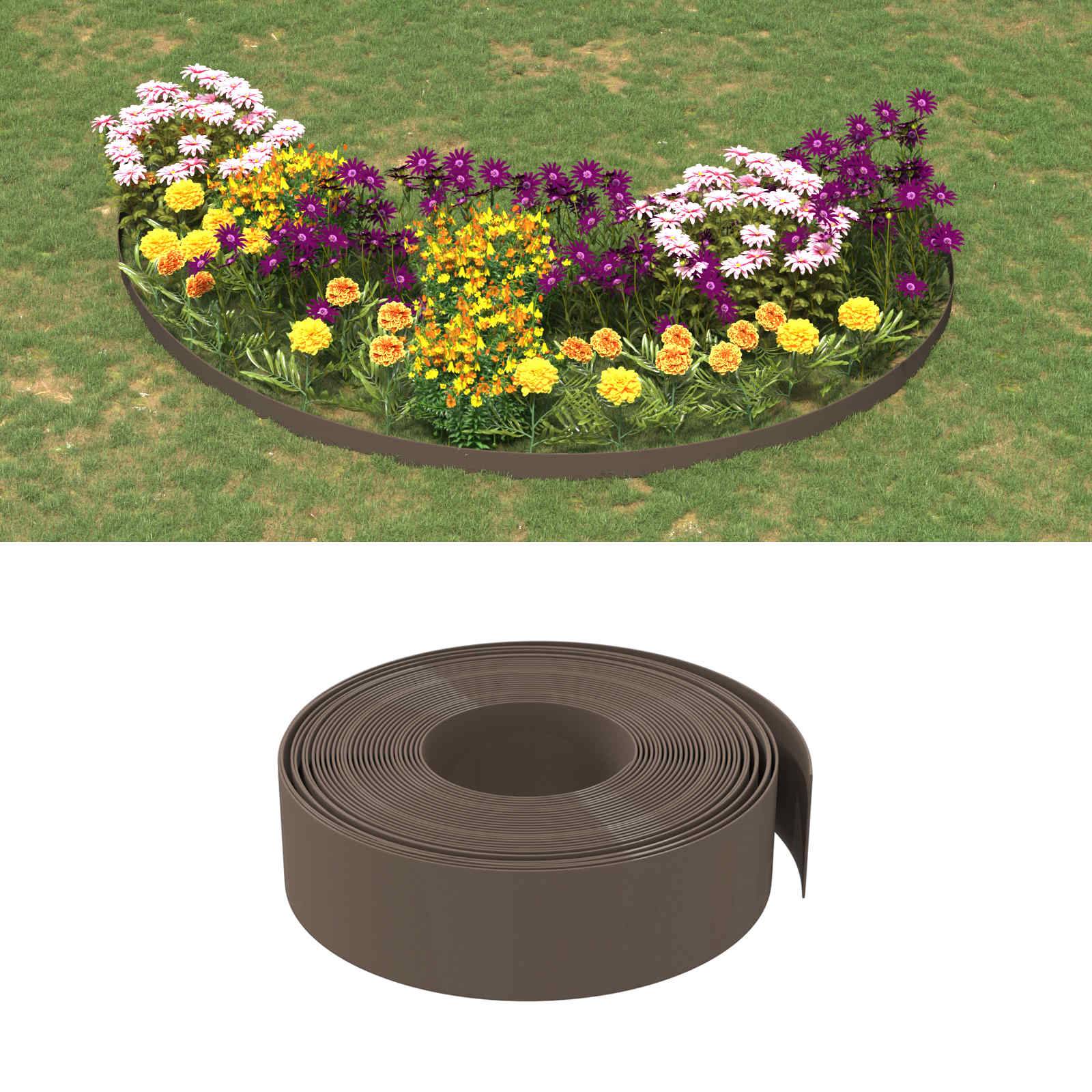 Gartenabgrenzung bildet ein geschwungenes Blumenbeet, oben mit Blumen dargestellt und unten als gerollter brauner Randstreifen gezeigt.
