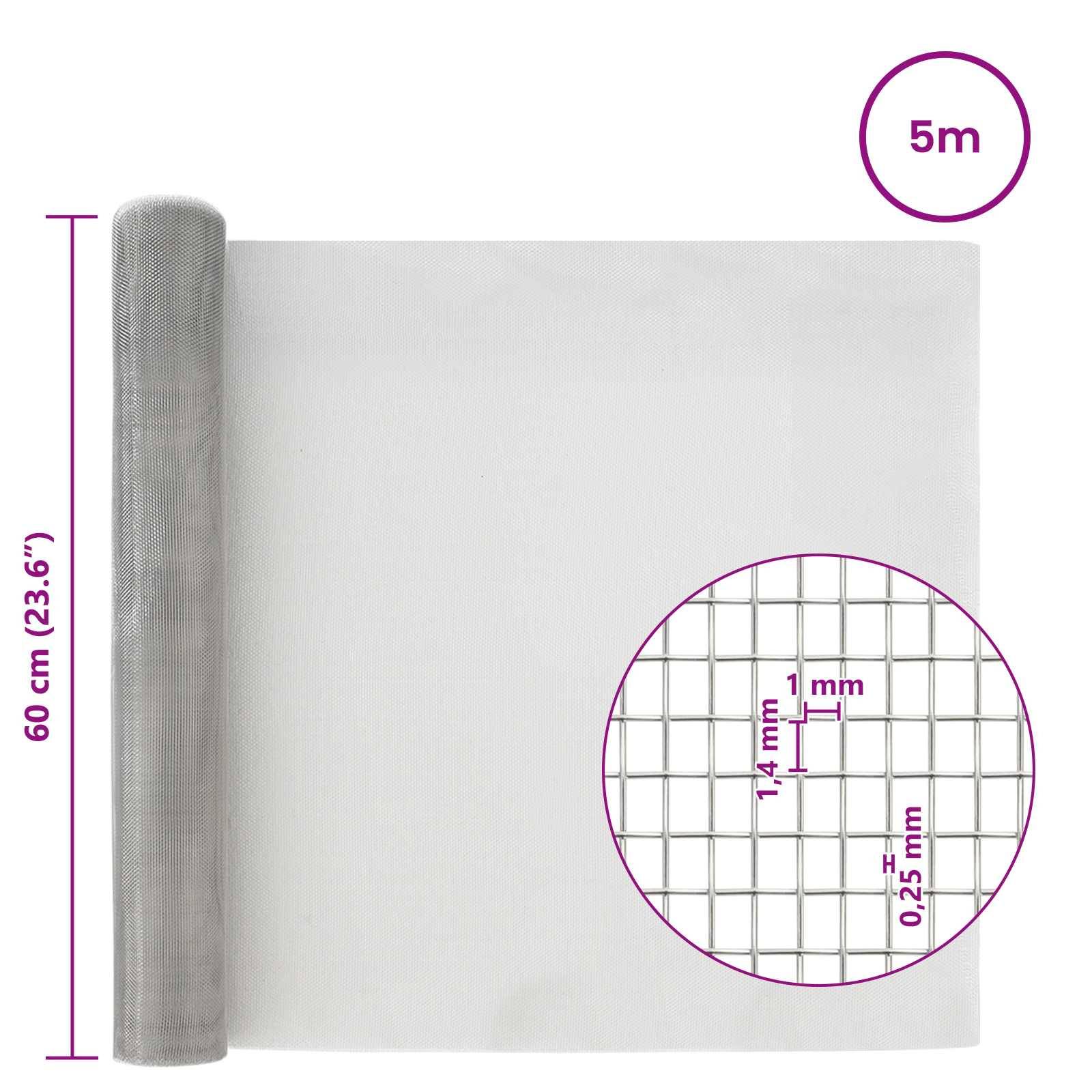 vidaXL Drahtgeflecht 60 x 500 cm 18 Mesh Edelstahl 201 Silber