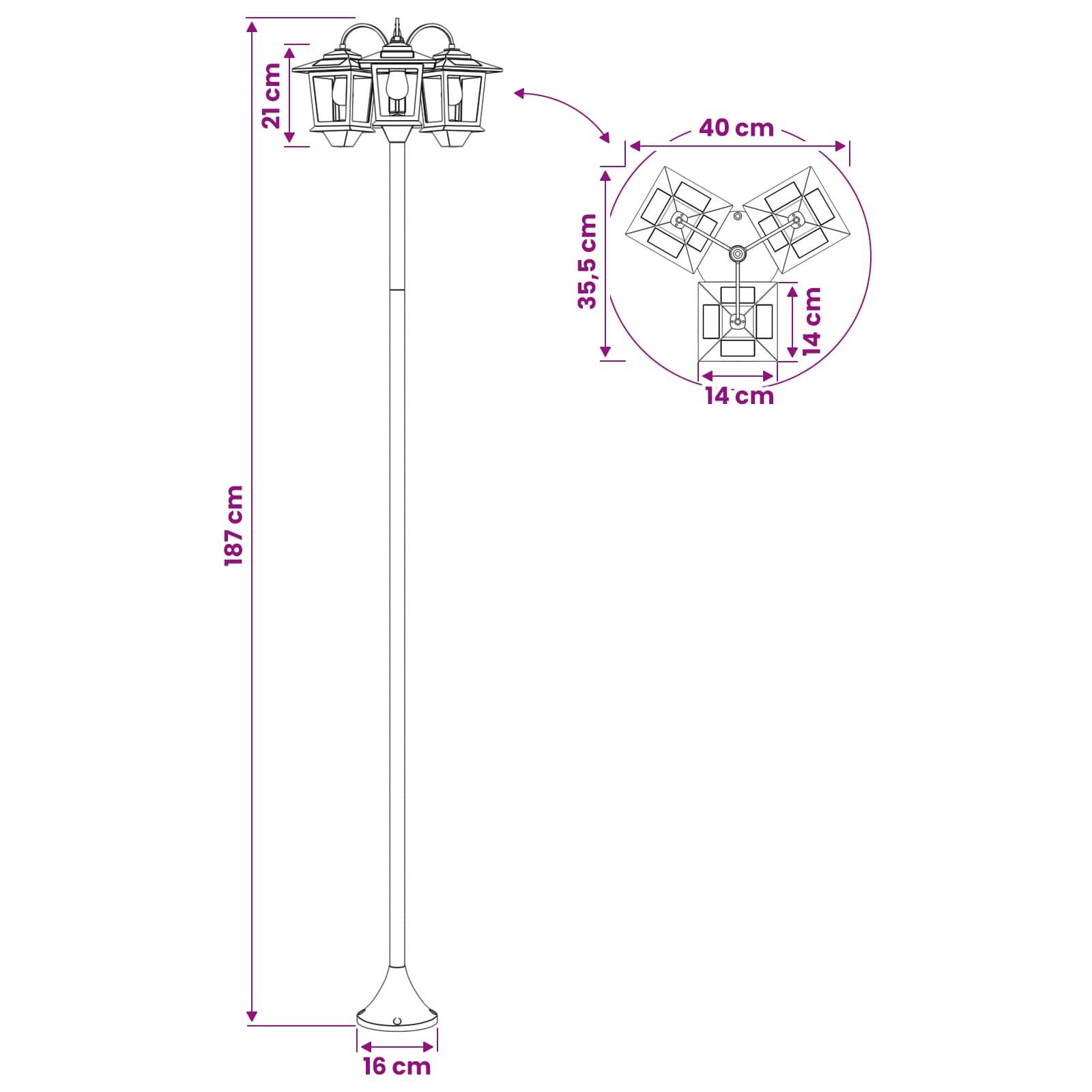 vidaXL 3-Kopf Laternenpfahl Schwarz 16 x 16 x 187 cm Aluminium und ABS