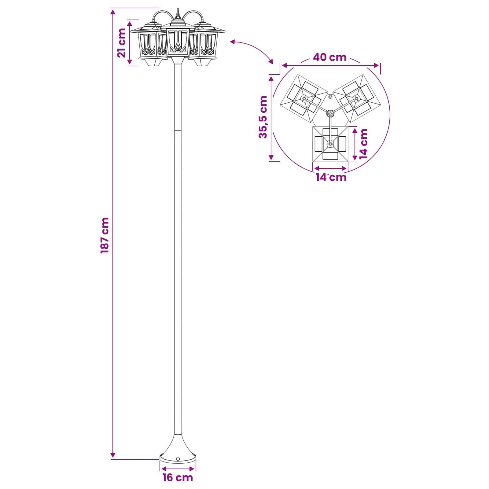 vidaXL 3-Kopf Laternenpfahl Schwarz 16 x 16 x 187 cm Aluminium und ABS
