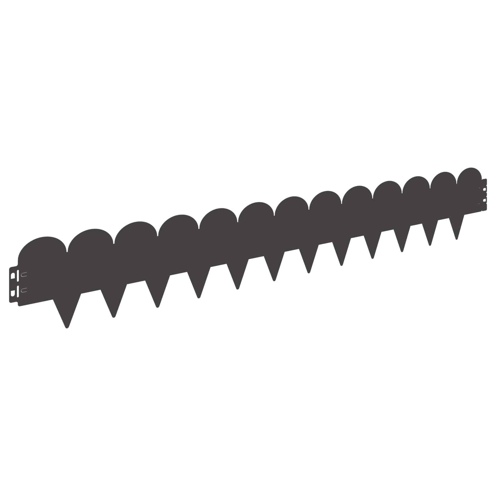 Schwarze Silhouette eines langen segmentierten kettenartigen Streifens mit abgerundeten Oberseiten und spitzen Laschen, diagonal auf weißem Hintergrund dargestellt.