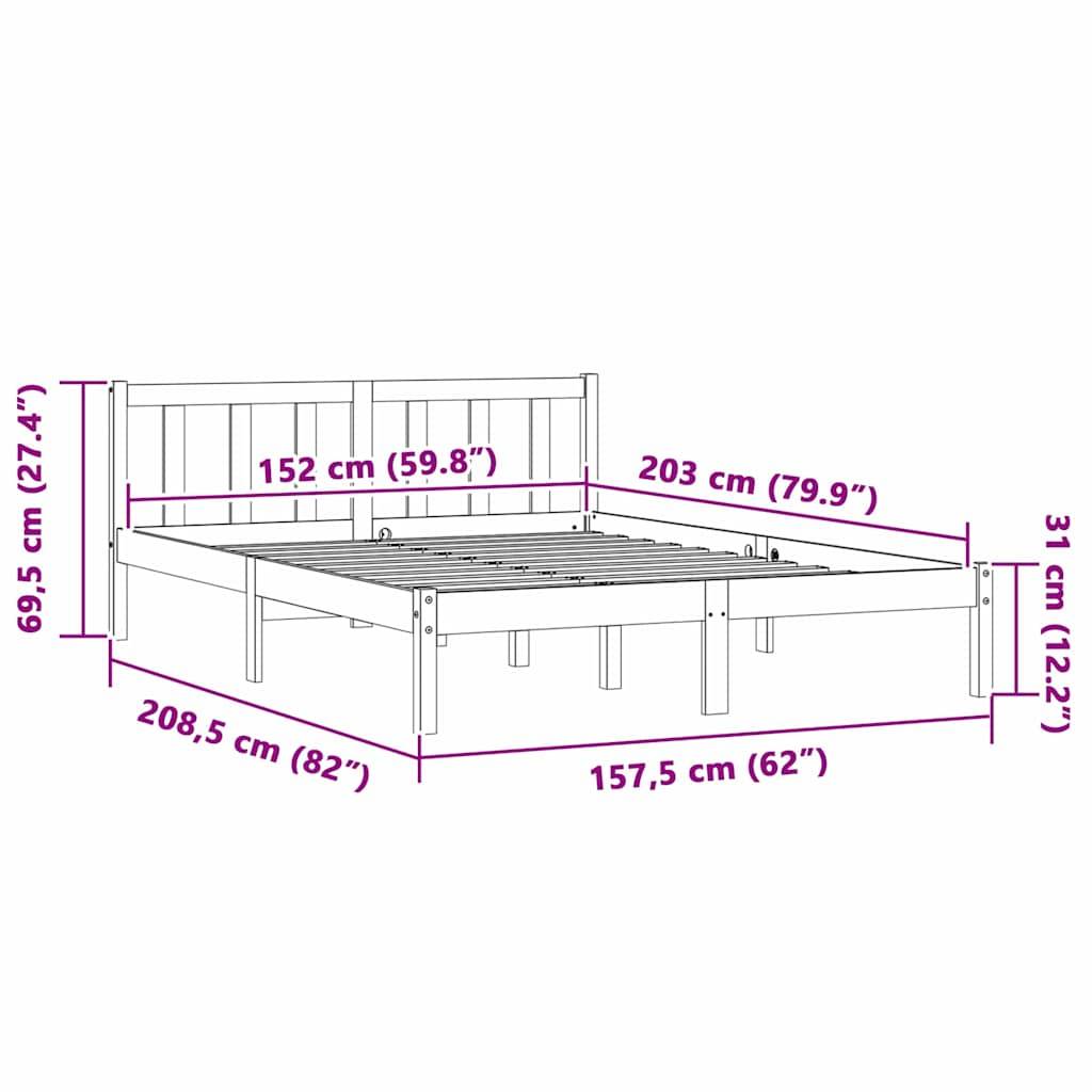 Diagramm eines Bettgestells mit Kopfteil, mit folgenden Abmessungen: 208,5 cm Länge, 157,5 cm Breite, 69,5 cm Höhe, 203 cm obere Länge, 152 cm Innenbreite und 31 cm Seitenhöhe.