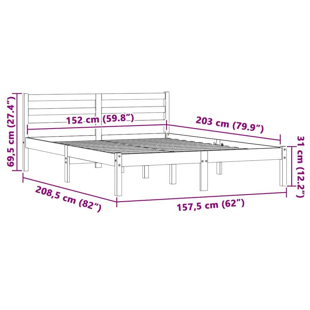 Bemaßte Zeichnung eines Bettrahmens mit einer Gesamtgröße von 203 x 208,5 cm, einer Matratzenfl äche von 152 x 203 cm und einer Kopfstütze nhohe von 69,5 cm.