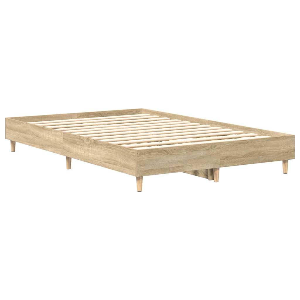 Niedriges Holzbettgestell in hellem Holzfinish, shown on a white background.