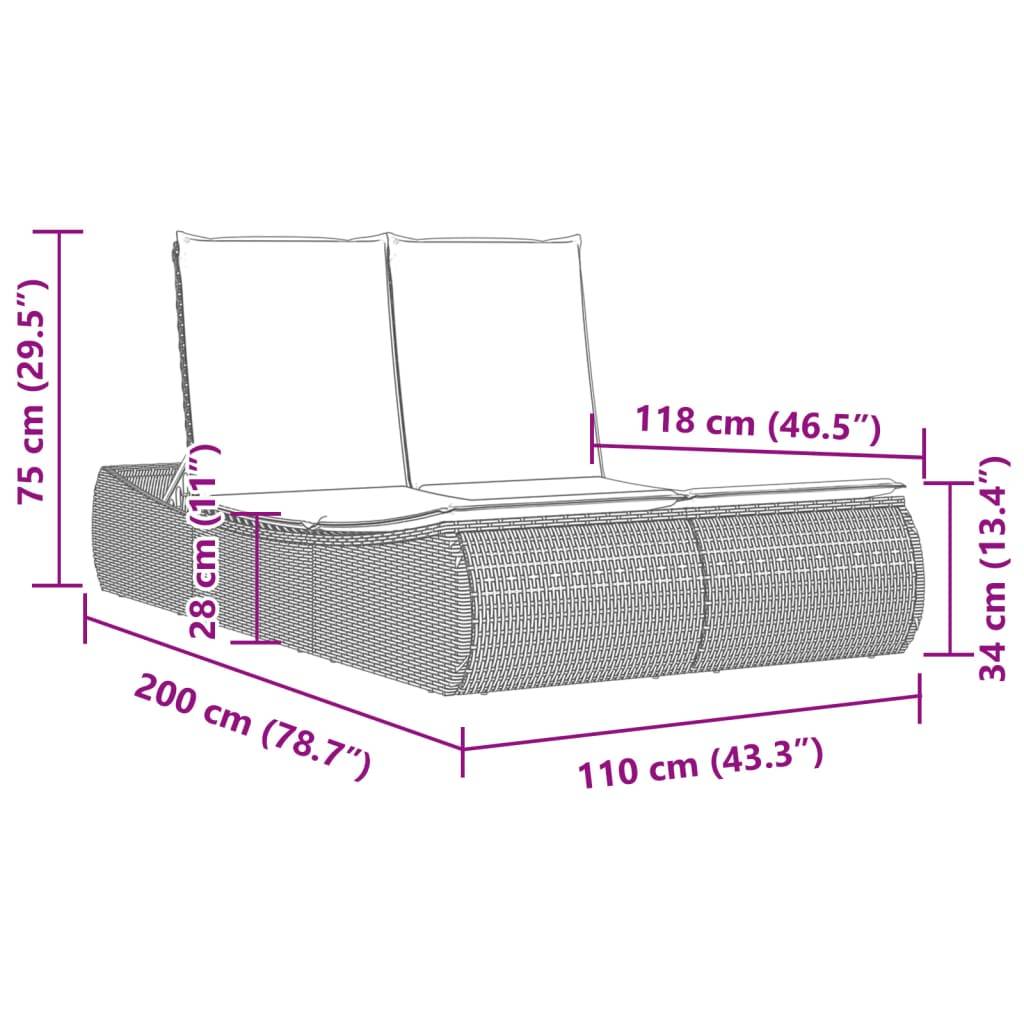Maßzeichnung eines zweiteiligen Outdoor-Loungestuhls mit Kissen, zeigt Gesamtgröße: 200 cm lang, 110 cm breit, 75 cm hoch, Sitzbreite 118 cm, Sitztiefe 34 cm, Sitzhöhe 28 cm.