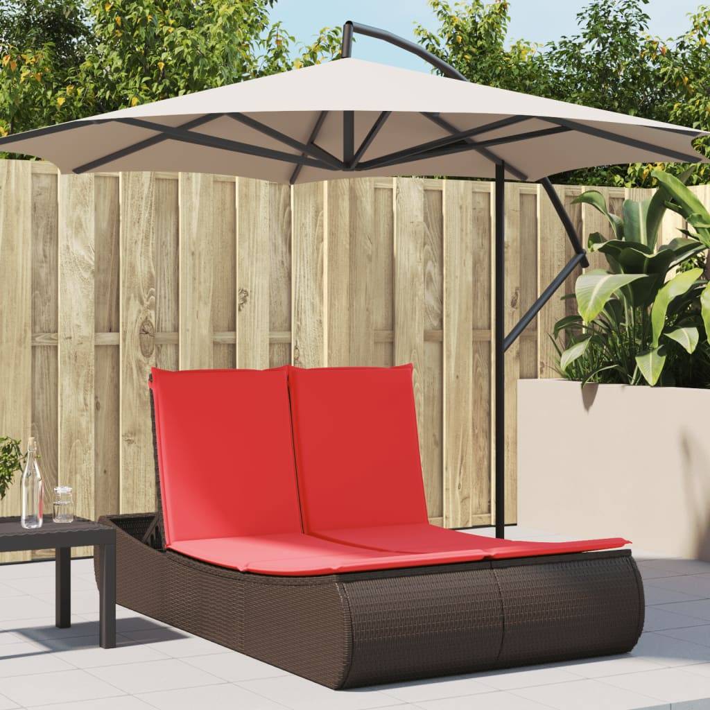 vidaXL Doppel-Sonnenliege mit Auflagen Braun Poly Rattan