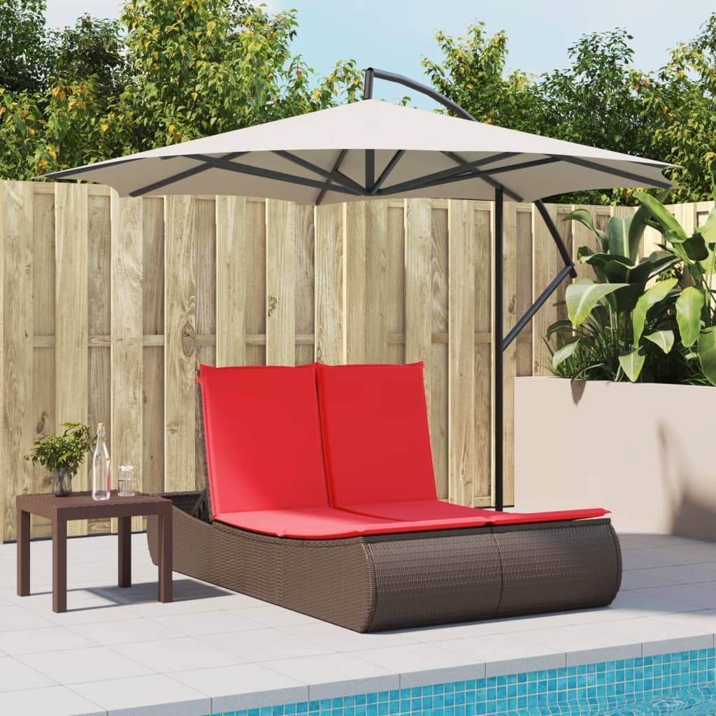 vidaXL Doppel-Sonnenliege mit Auflagen Braun Poly Rattan