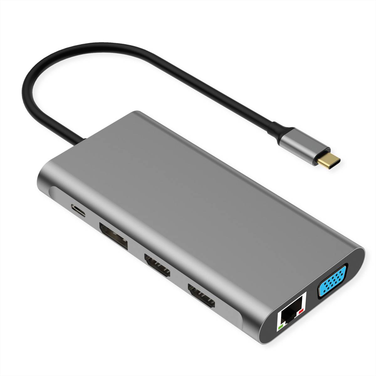 USB-C-Multiport-Adapter mit HDMI, USB-A, zwei USB-Anschlüssen, Ethernet und VGA-Anschlüssen auf einem grauen Hub mit kurzem Kabel.
