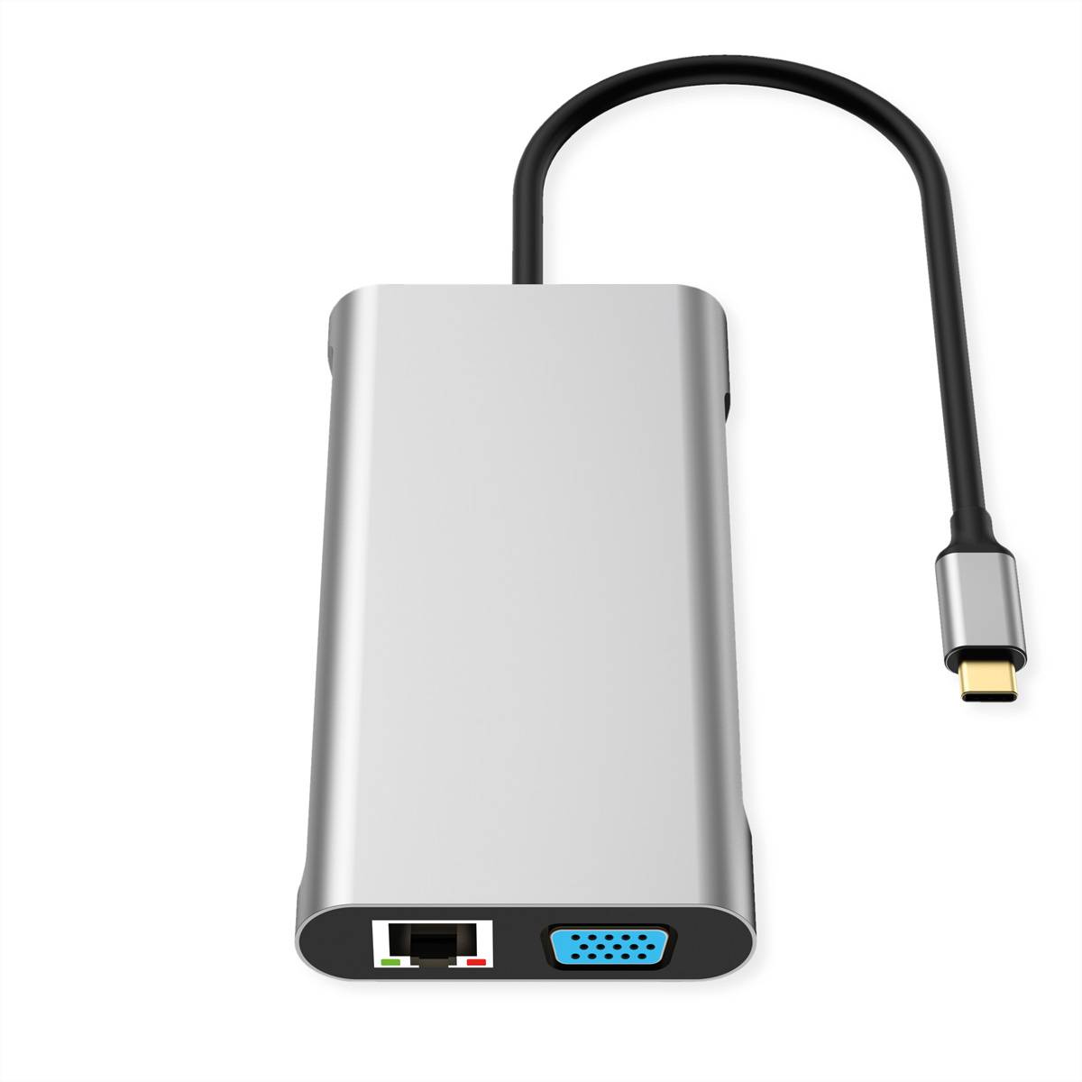 Silberner USB-C-Hub-Adapter mit angeschlossenem Kabel, mit Ethernet-Anschluss und VGA-Anschluss auf der Vorderseite.