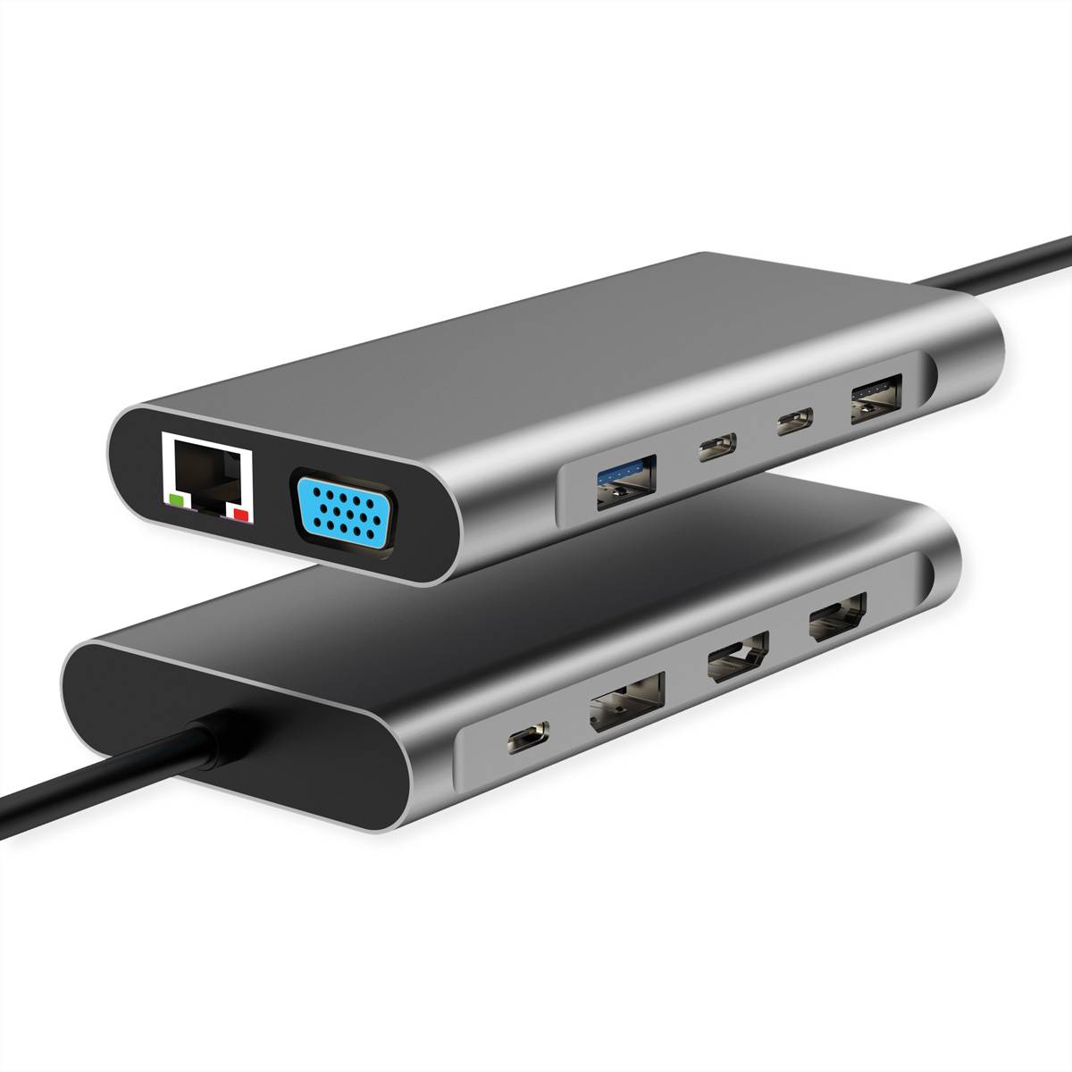 Zwei gestapelte USB-C-Dockingstationen mit mehreren Anschlüssen, darunter Ethernet, VGA, USB und HDMI, dargestellt mit verbundenen Kabeln.