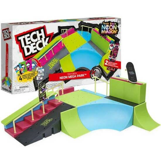 Tech Deck Neon Mega Park Skateboard-Spielset mit Rampen, Treppen, Schienen und einem Fingerboard, gezeigt mit seiner Produktverpackung.