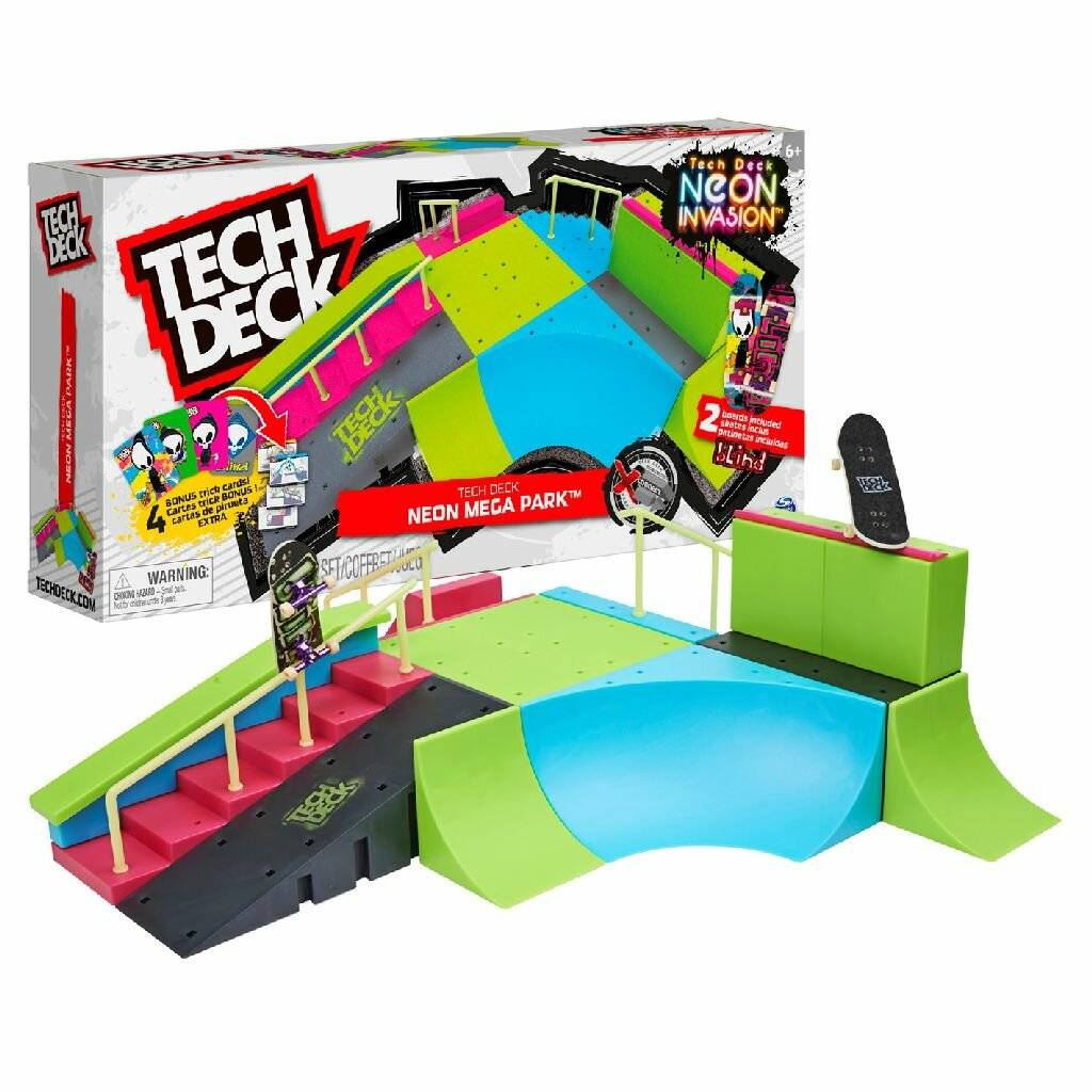 Tech Deck Neon Mega Park Skatepark-Spielset mit Rampen, Schienen und einem enthaltenen Fingerboard, dargestellt in der Produktverpackung.