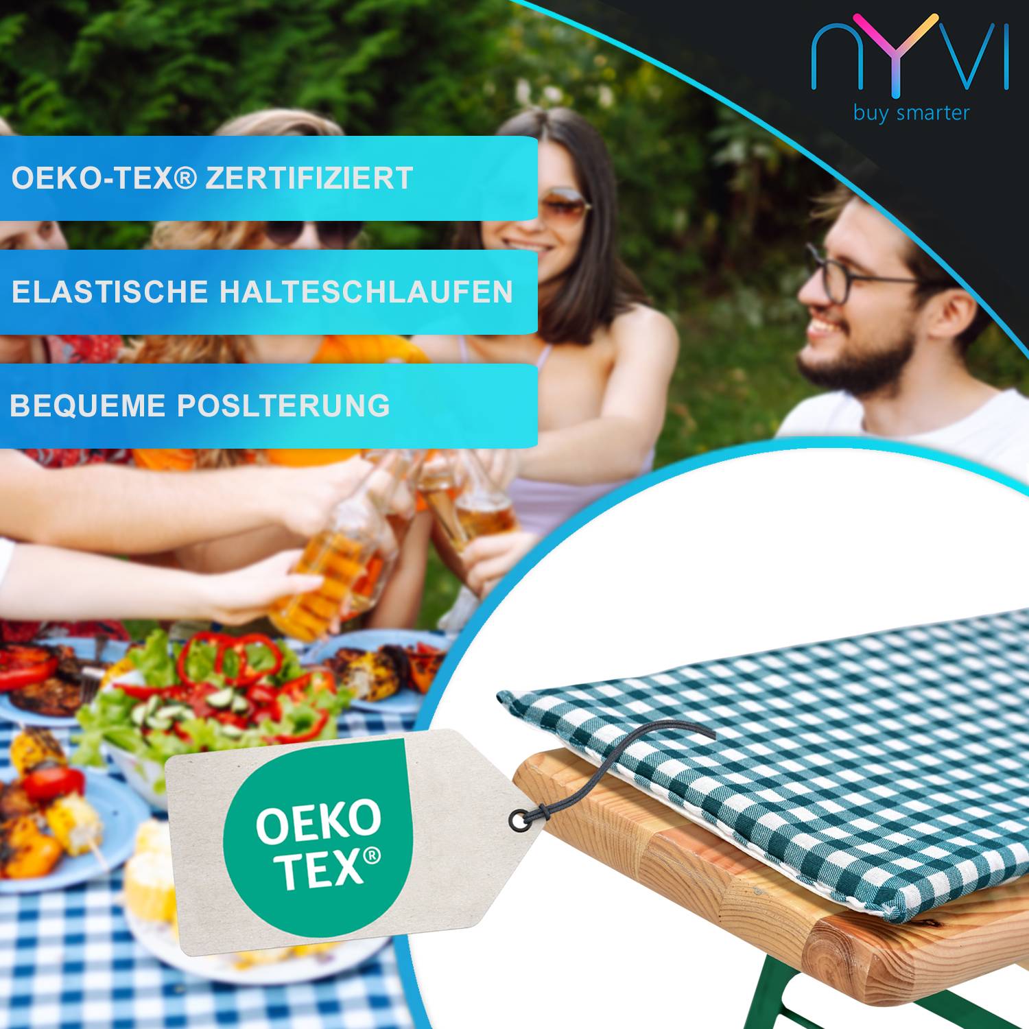 NYVI Bierbankauflagen Set 240x70 cm Blau Kariert - 1x Tischdecke für 220x50 cm Biertische & 2x Gepolsterte Auflage für 220x25 cm Bierbänke