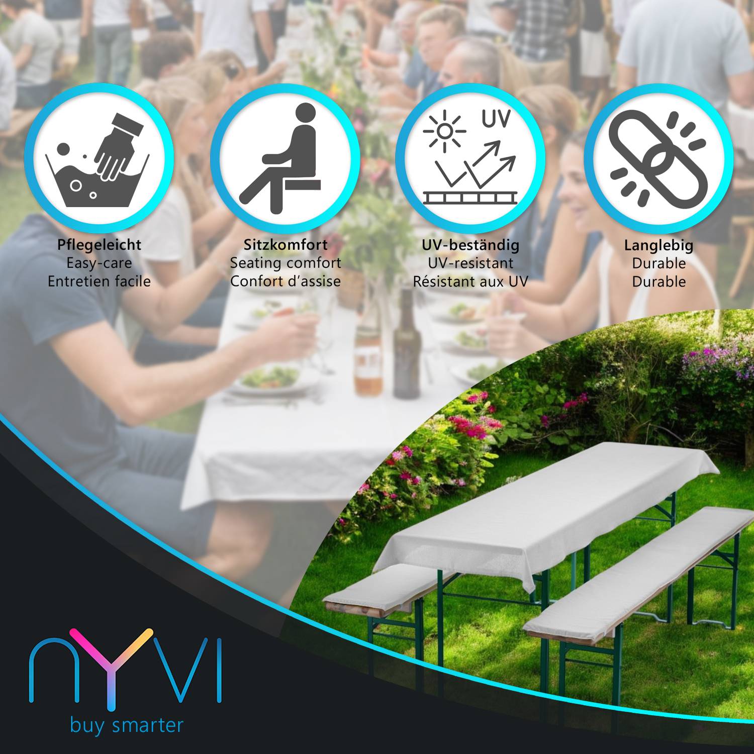 NYVI Bierbankauflagen Set 240x70 cm Ecru - 1x Tischdecke für 220x50 cm Biertische & 2x Gepolsterte Auflage für 220x25 cm Bierbänke