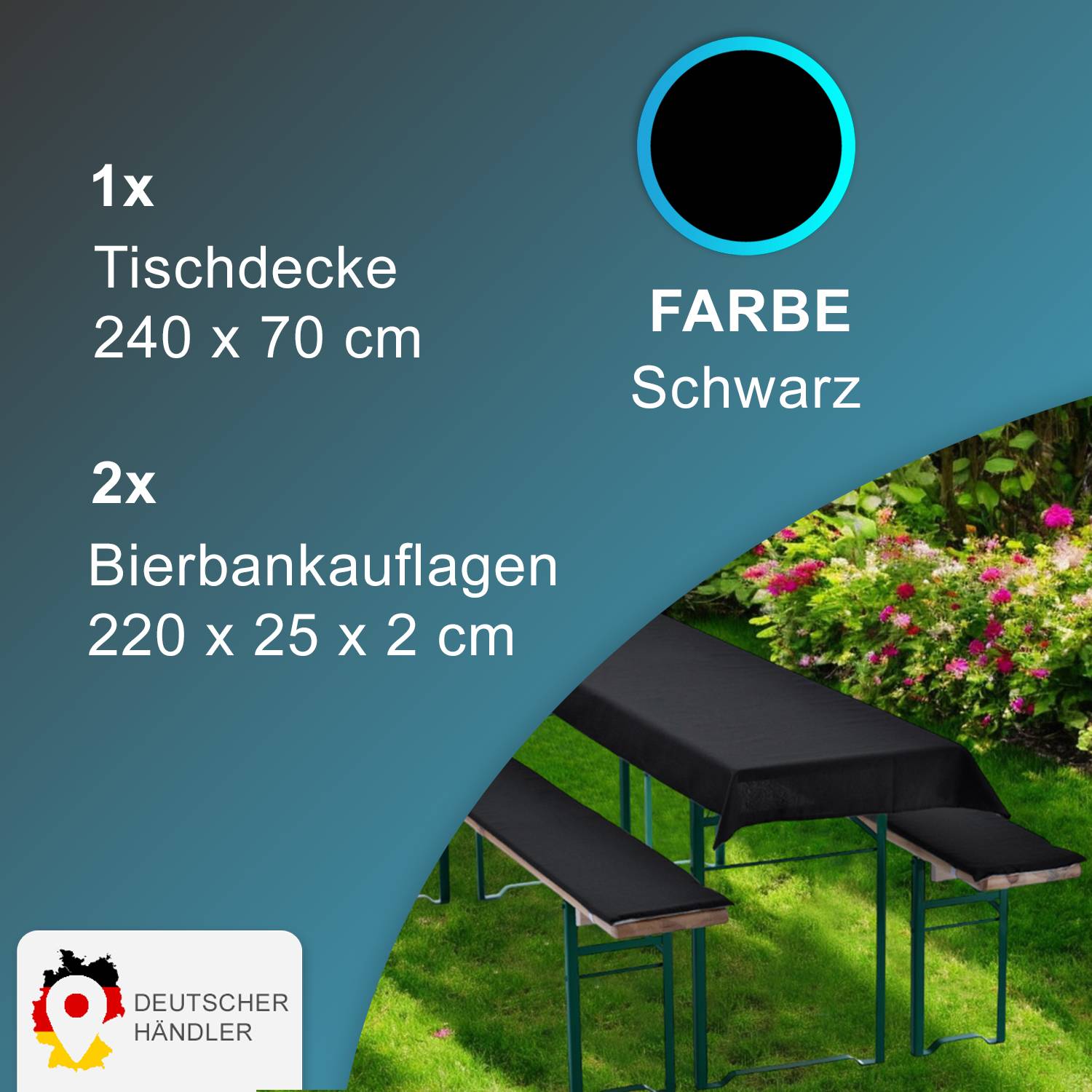 NYVI Bierbankauflagen Set 240x70 cm Schwarz - 1x Tischdecke für 220x50 cm Biertische & 2x Gepolsterte Auflage für 220x25 cm Bierbänke