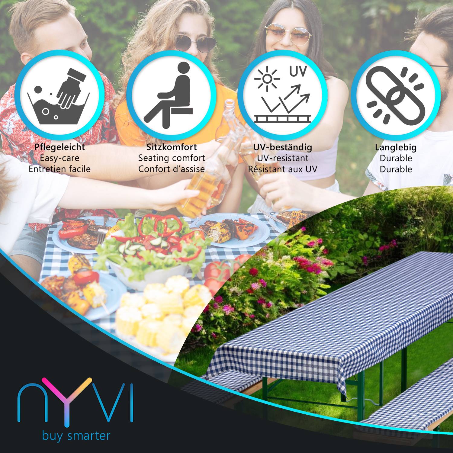 NYVI Bierbankauflagen Set 240x90 cm Blau Kariert - 1x Tischdecke für 220x70 cm Biertische & 2x Gepolsterte Auflage für 220x25 cm Bierbänke