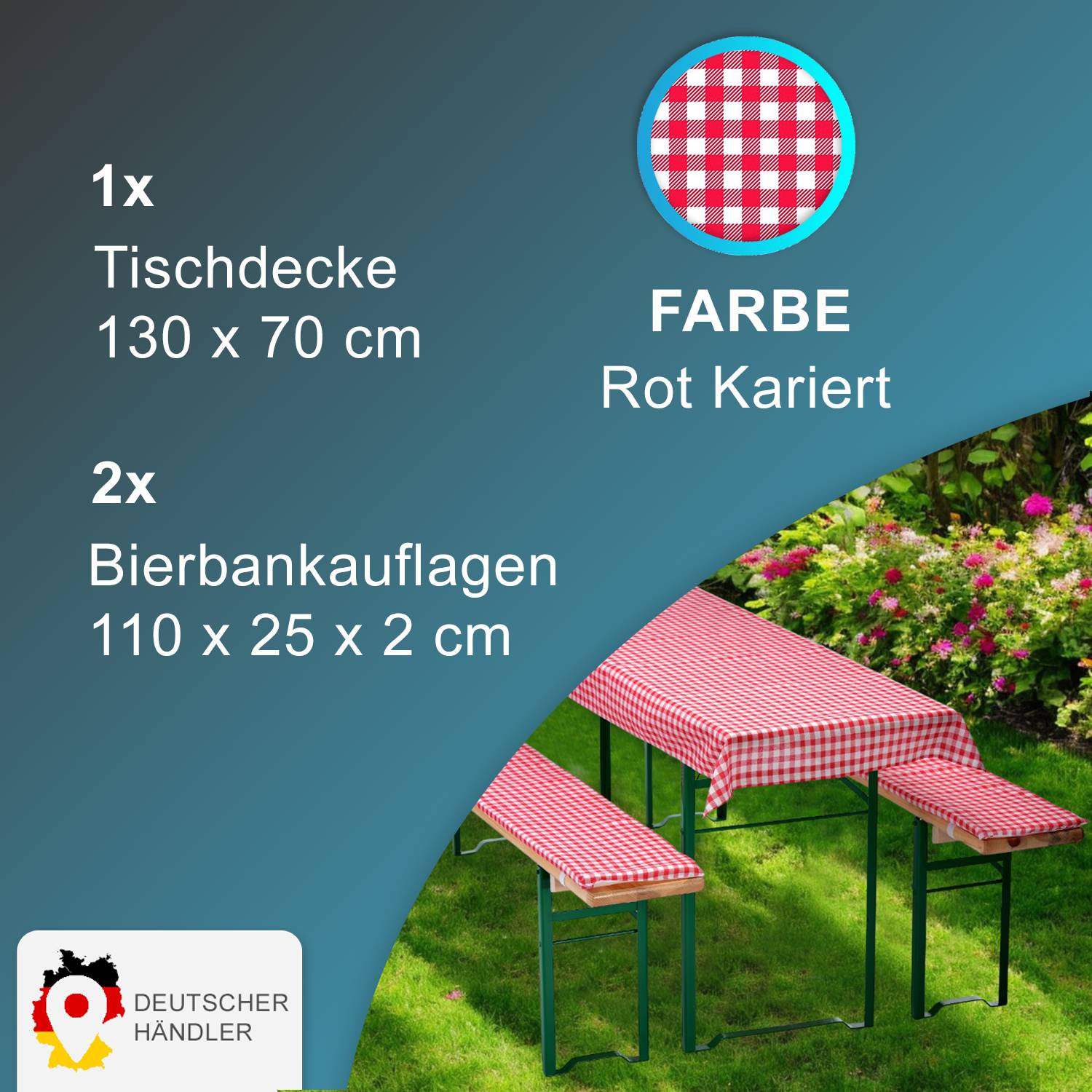 NYVI Bierbankauflagen Set 130x70 cm Rot Kariert - 1x Tischdecke für 110x50 cm Biertische & 2x Gepolsterte Auflage für 110x25 cm Bierbänke