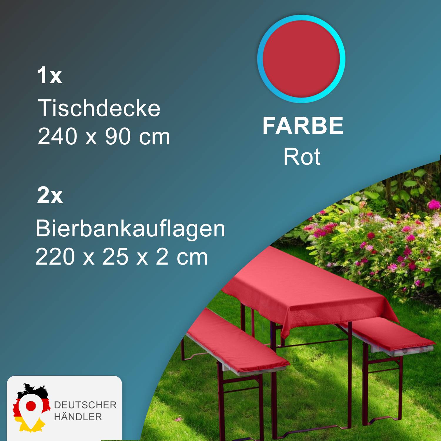 NYVI Bierbankauflagen Set 240x90 cm Rot - 1x Tischdecke für 220x70 cm Biertische & 2x Gepolsterte Auflage für 220x25 cm Bierbänke