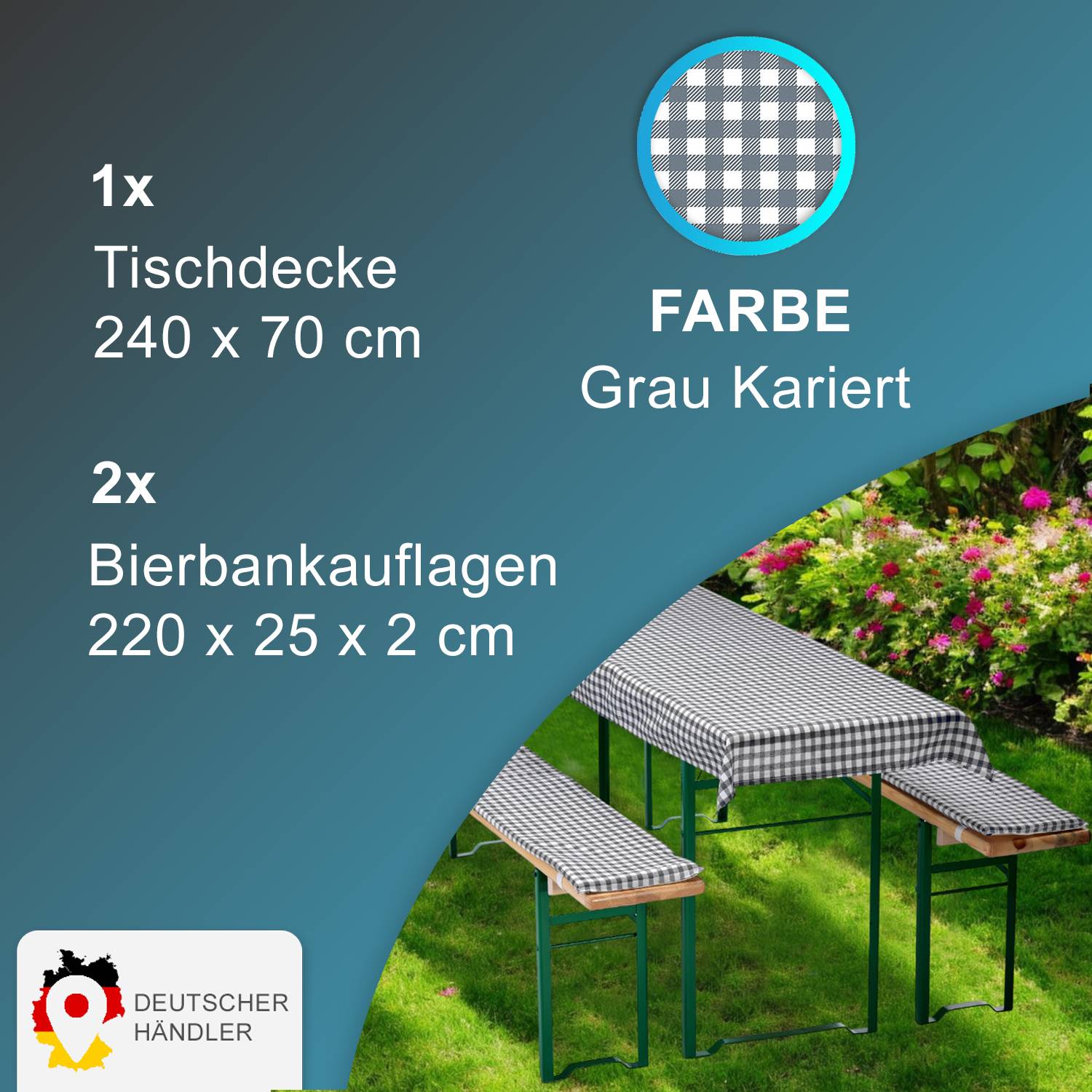NYVI Bierbankauflagen Set 240x70 cm Grau Kariert - 1x Tischdecke für 220x50 cm Biertische & 2x Gepolsterte Auflage für 220x25 cm Bierbänke