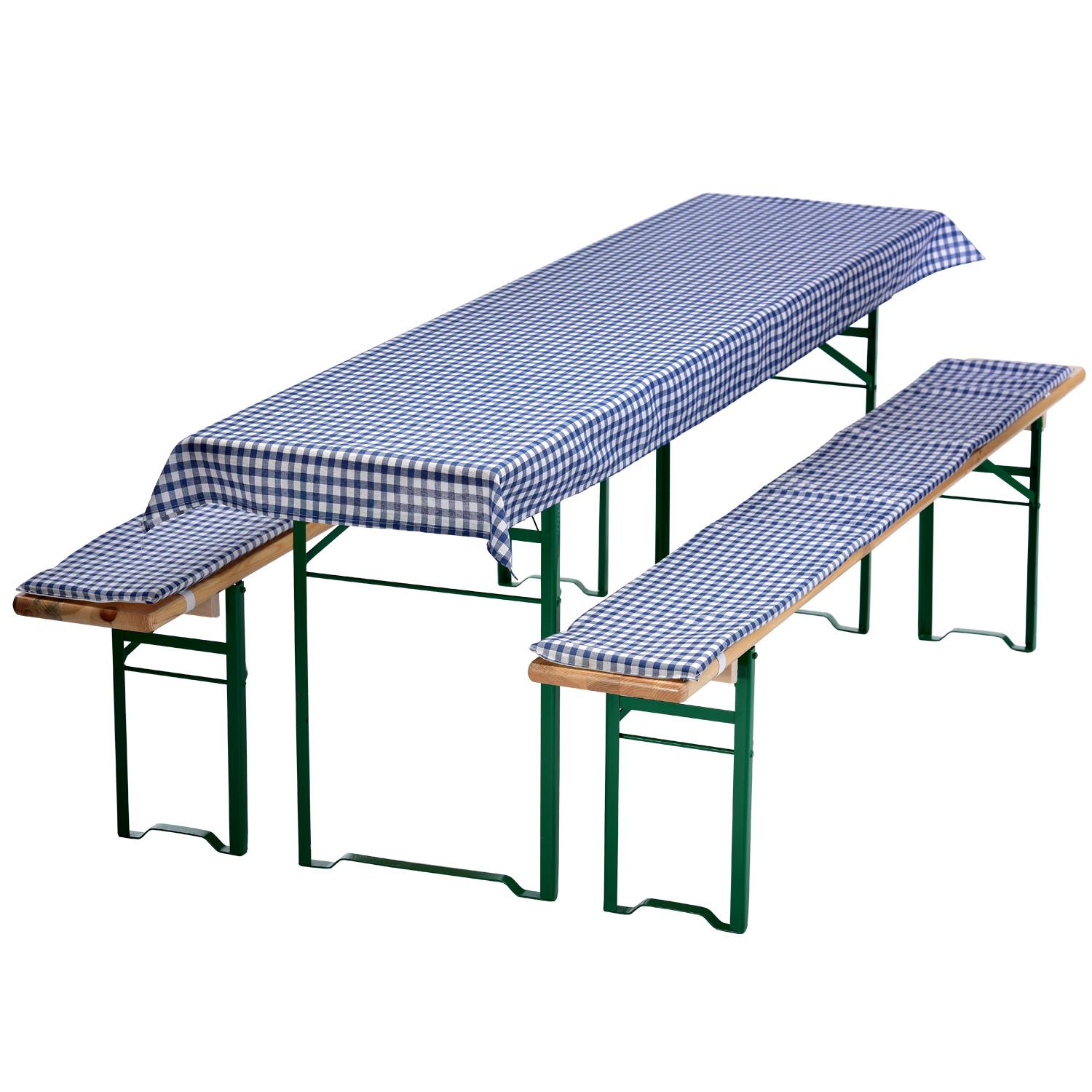 NYVI Bierbankauflagen Set 240x70 cm Blau Kariert - 1x Tischdecke für 220x50 cm Biertische & 2x Gepolsterte Auflage für 220x25 cm Bierbänke