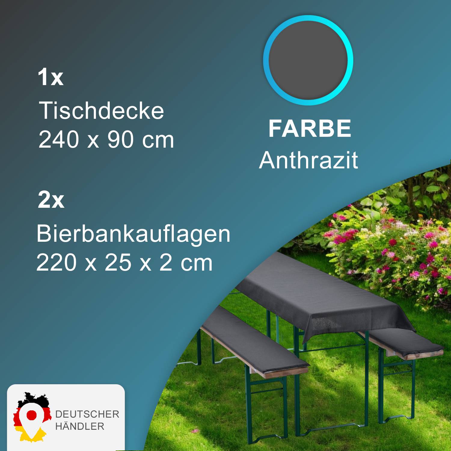 NYVI Bierbankauflagen Set 240x90 cm Anthrazit - 1x Tischdecke für 220x70 cm Biertische & 2x Gepolsterte Auflage für 220x25 cm Bierbänke