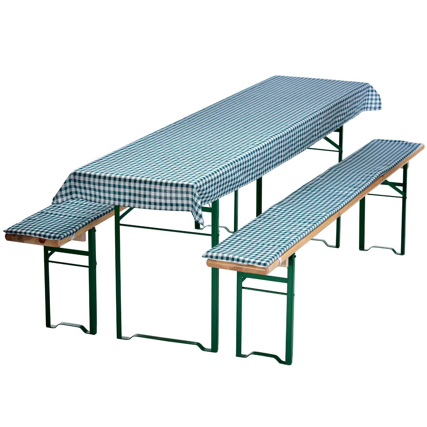 NYVI Bierbankauflagen Set 240x90 cm Grün Kariert - 1x Tischdecke für 220x70 cm Biertische & 2x Gepolsterte Auflage für 220x25 cm Bierbänke