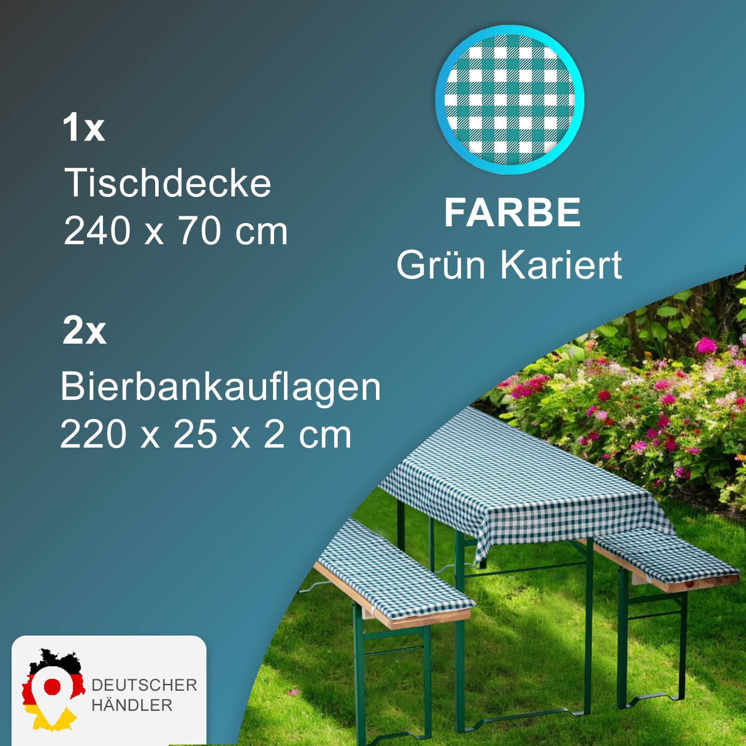 NYVI Bierbankauflagen Set 240x90 cm Grün Kariert - 1x Tischdecke für 220x70 cm Biertische & 2x Gepolsterte Auflage für 220x25 cm Bierbänke