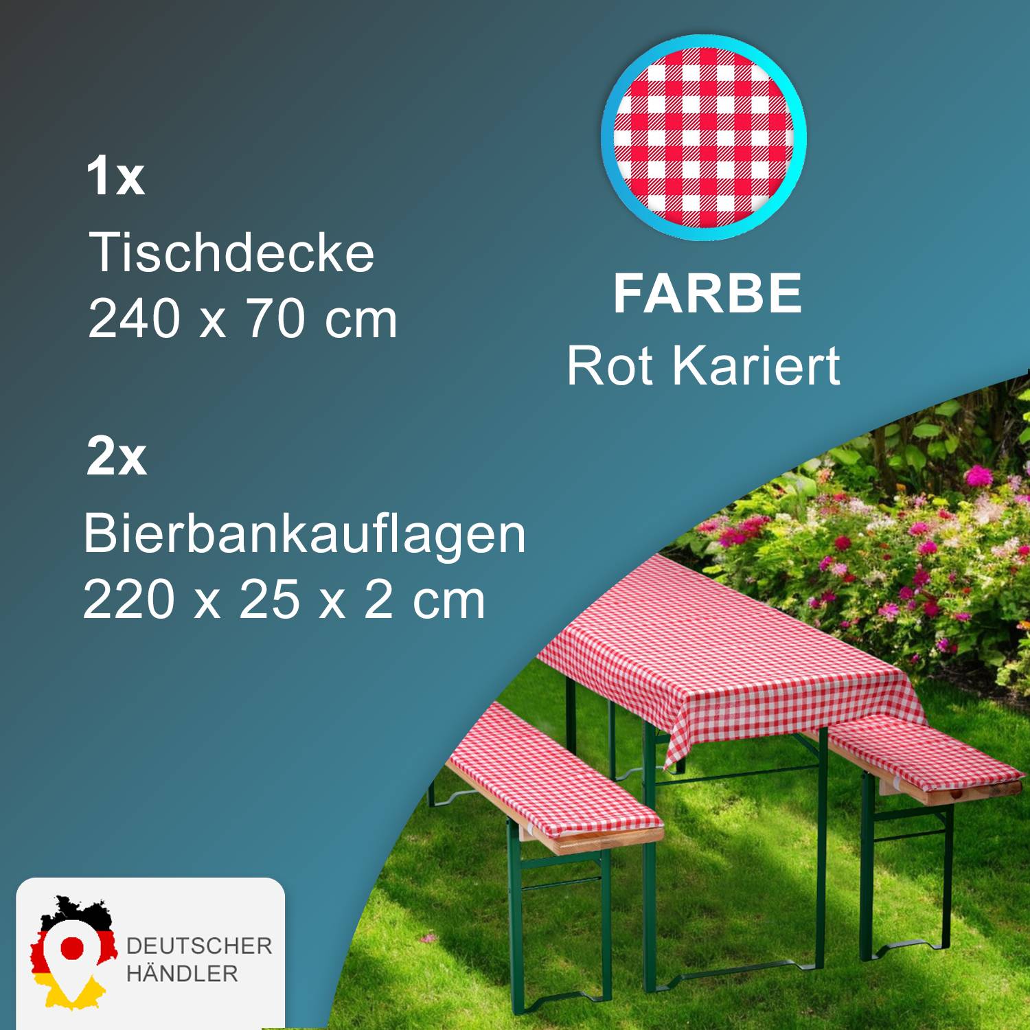 NYVI Bierbankauflagen Set 240x70 cm Rot Kariert - 1x Tischdecke für 220x50 cm Biertische & 2x Gepolsterte Auflage für 220x25 cm Bierbänke