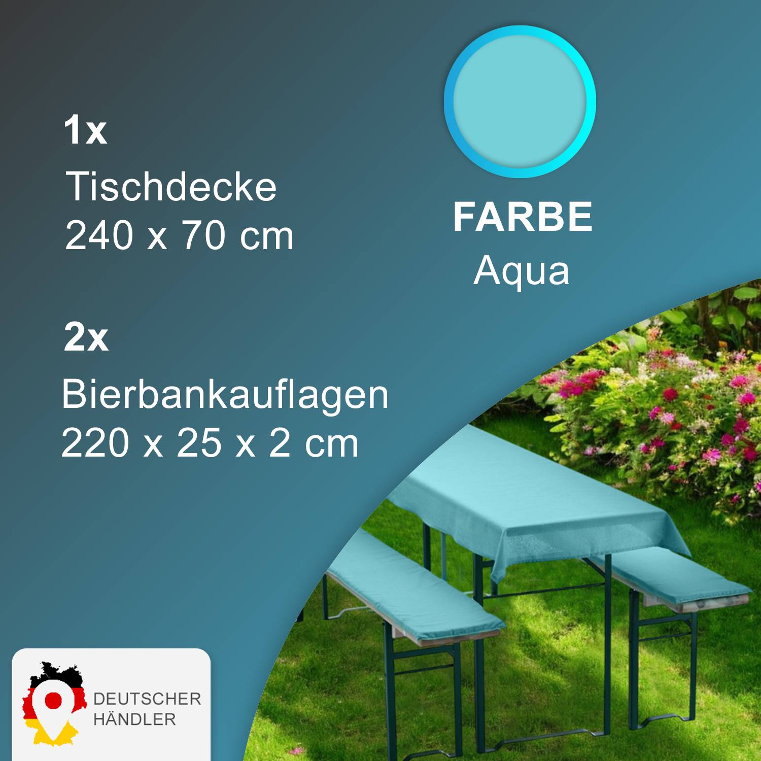 NYVI Bierbankauflagen Set 240x70 cm Aqua - 1x Tischdecke für 220x50 cm Biertische & 2x Gepolsterte Auflage für 220x25 cm Bierbänke