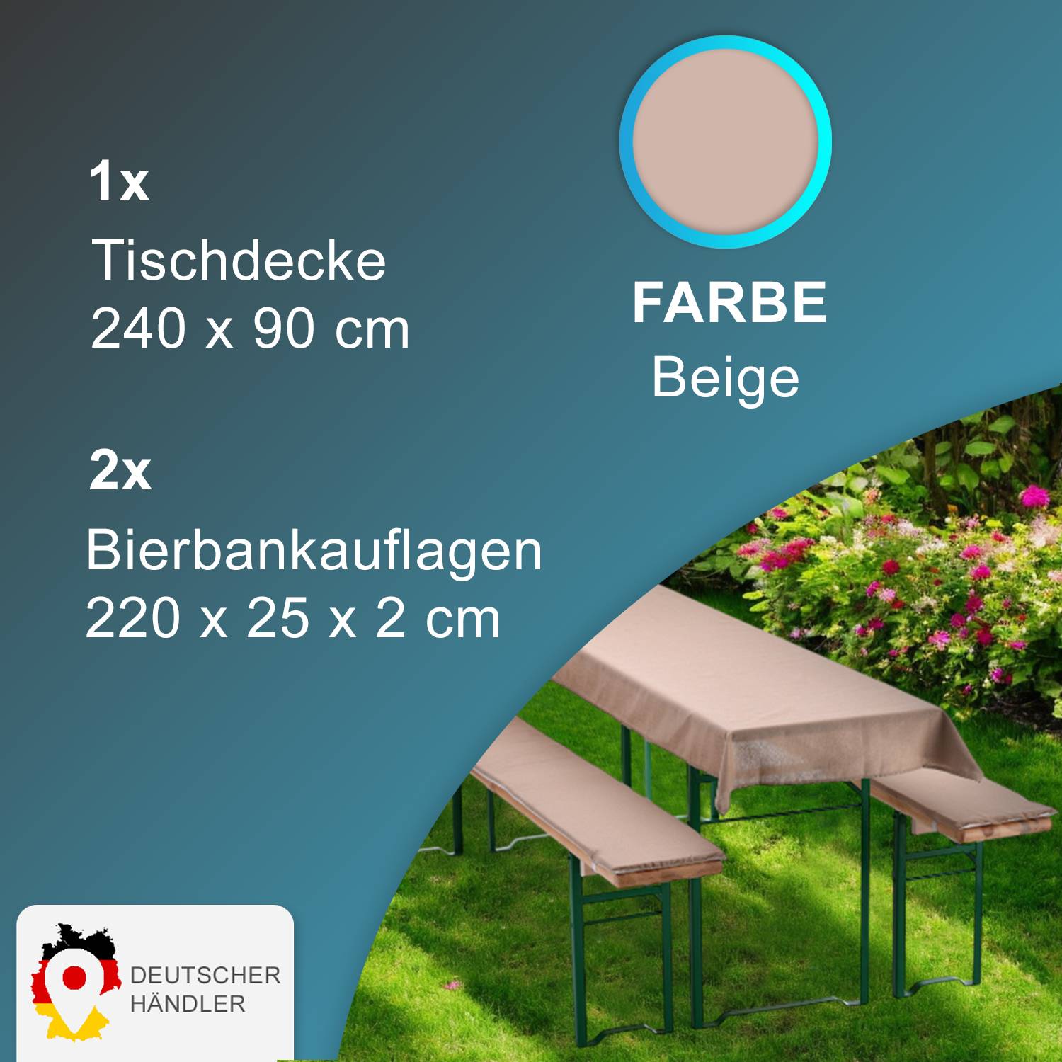 NYVI Bierbankauflagen Set 240x90 cm Beige - 1x Tischdecke für 220x70 cm Biertische & 2x Gepolsterte Auflage für 220x25 cm Bierbänke