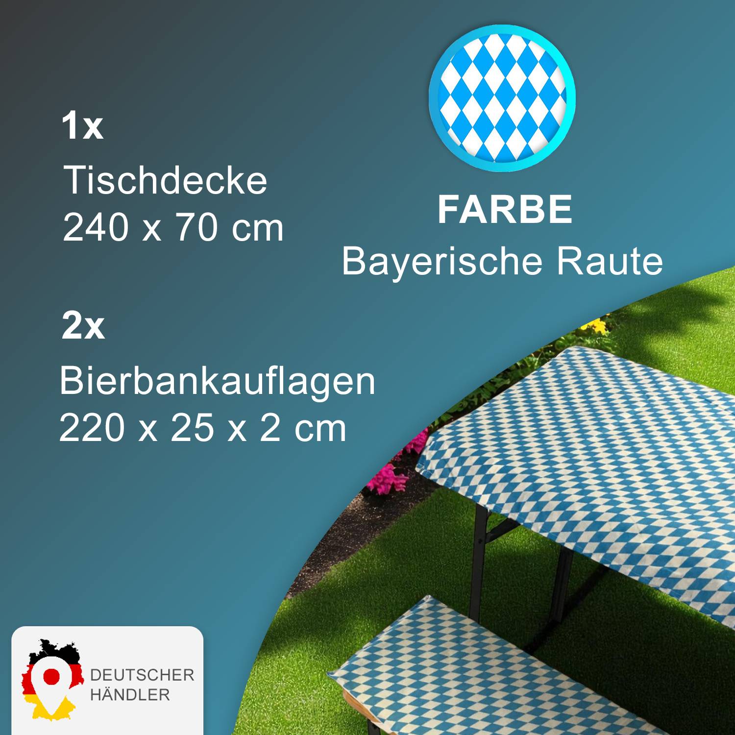 NYVI Bierbankauflagen Set 240x70 cm Bayrische Raute - 1x Tischdecke für 220x50 cm Biertische & 2x Gepolsterte Auflage für 220x25 cm Bierbänke
