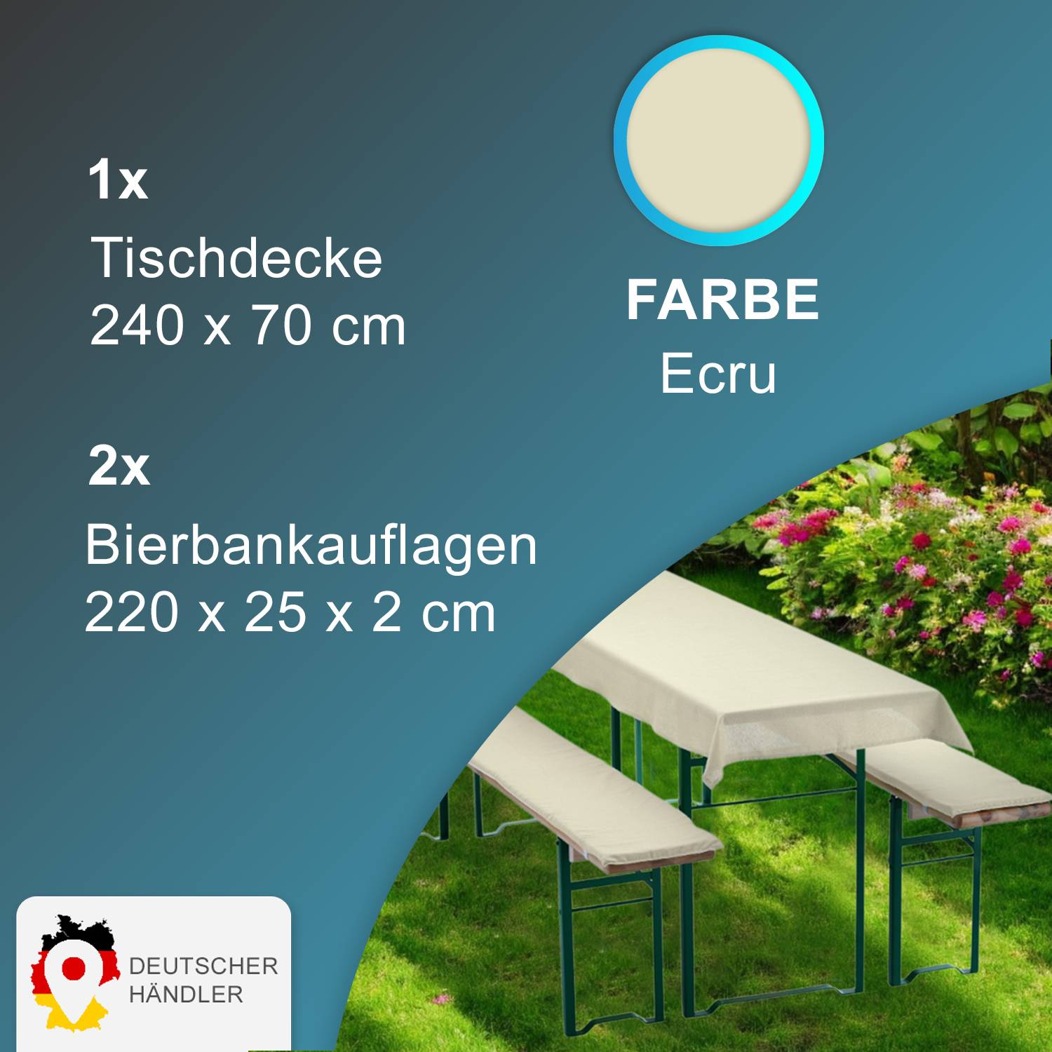 NYVI Bierbankauflagen Set 240x70 cm Ecru - 1x Tischdecke für 220x50 cm Biertische & 2x Gepolsterte Auflage für 220x25 cm Bierbänke